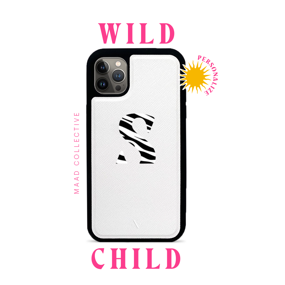 Wild Child White iPhone 14 Pro Leather Case made from vegan saffiano leather with a soft rubber rim, showcasing personalization options.