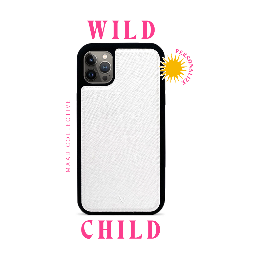 Wild Child White iPhone 14 Pro Leather Case made from vegan saffiano leather with a soft rubber rim, showcasing personalization options.