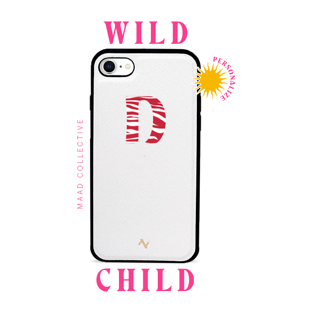 Wild Child White Leather Case for iPhone 7/8/SE featuring saffiano leather and customizable typography.