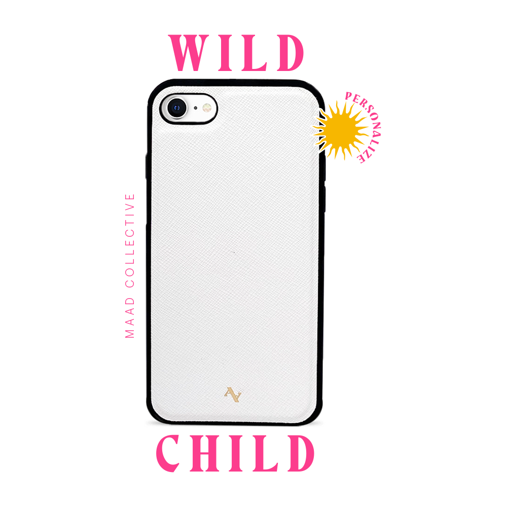 Wild Child White Leather Case for iPhone 7/8/SE featuring saffiano leather and customizable typography.