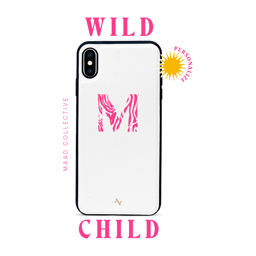 Wild Child White iPhone XS MAX Leather Case featuring genuine saffiano leather and customizable typography options.