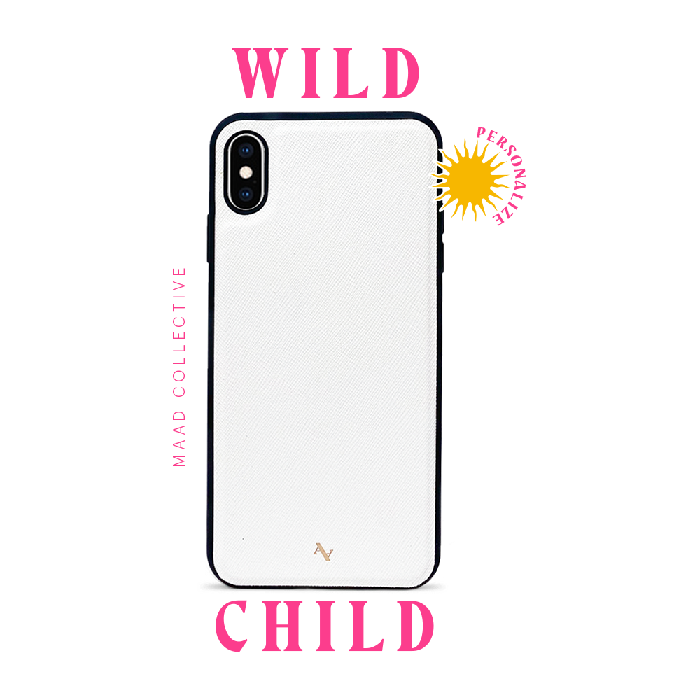 Wild Child White iPhone XS MAX Leather Case featuring genuine saffiano leather and customizable typography options.