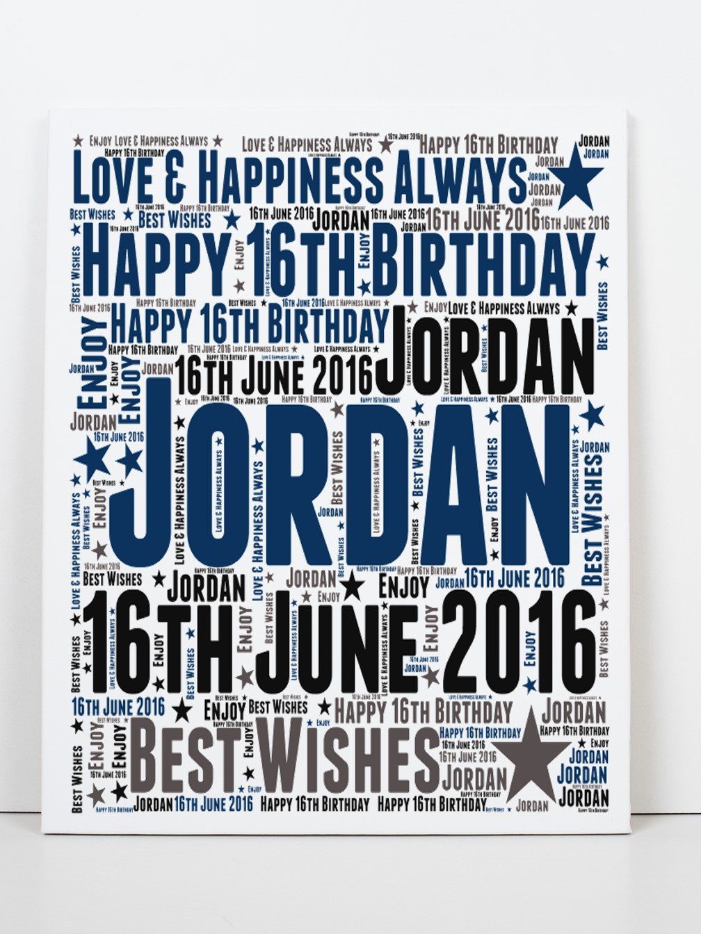 A beautifully designed personalised 16th birthday card featuring custom word art, crafted from high-quality 270gsm card in A5 size.