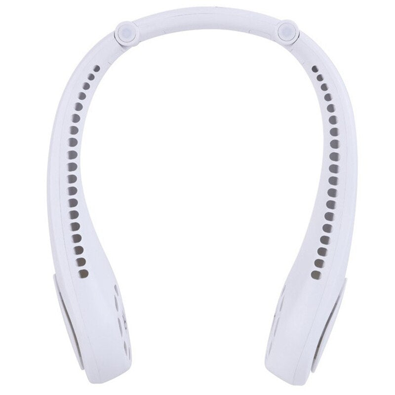 A stylish 2 in 1 Bluetooth Portable Neck Fan with Bluetooth Speakers in white, designed for hands-free cooling and music enjoyment.