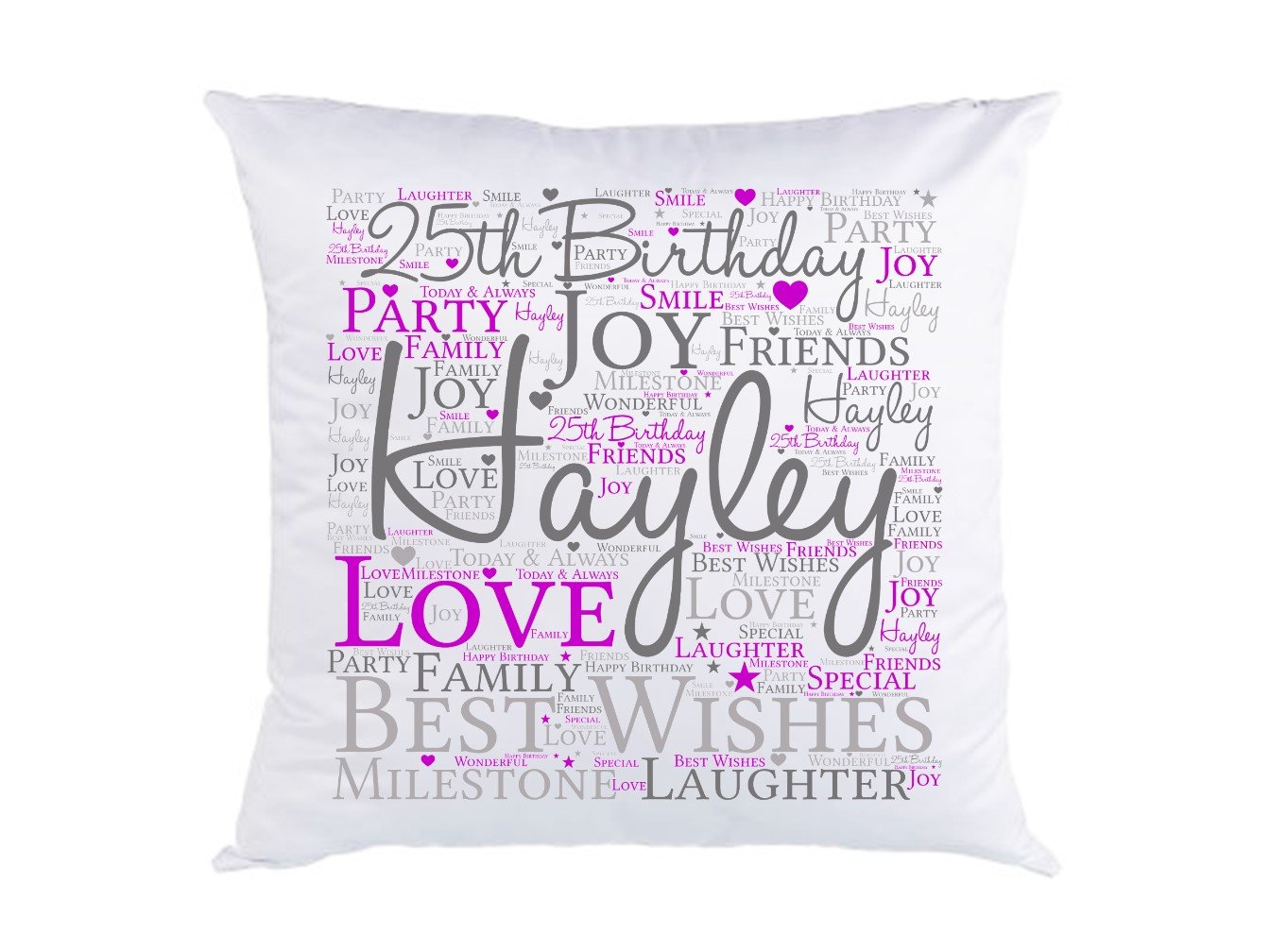 A stylish 25th birthday personalised cushion featuring custom word art, measuring 35cm x 35cm, made from soft 100% polyester.