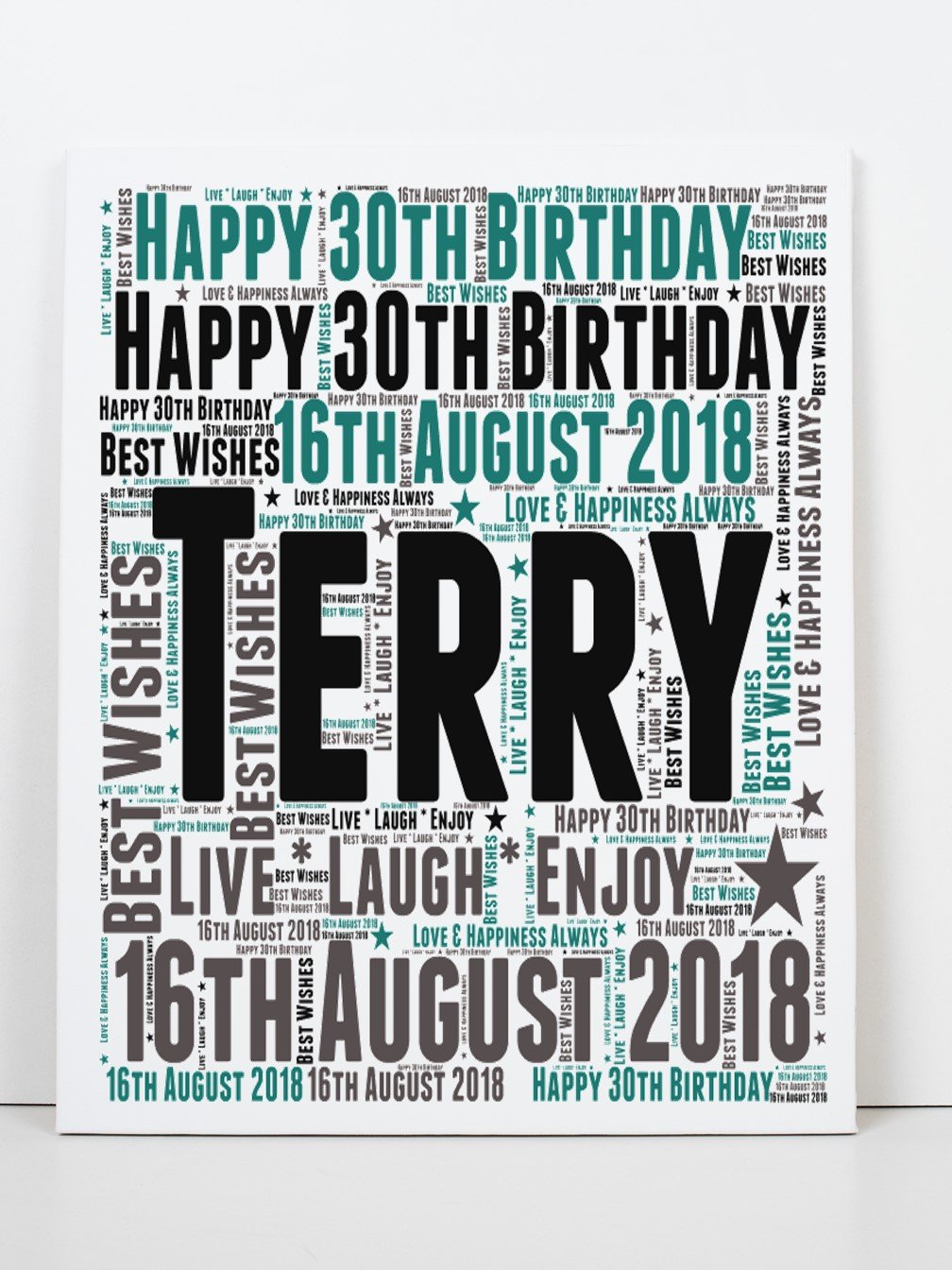 A beautifully designed A5 personalised card celebrating a 30th birthday, featuring custom word art with names and significant dates, made from high-quality 270gsm card.