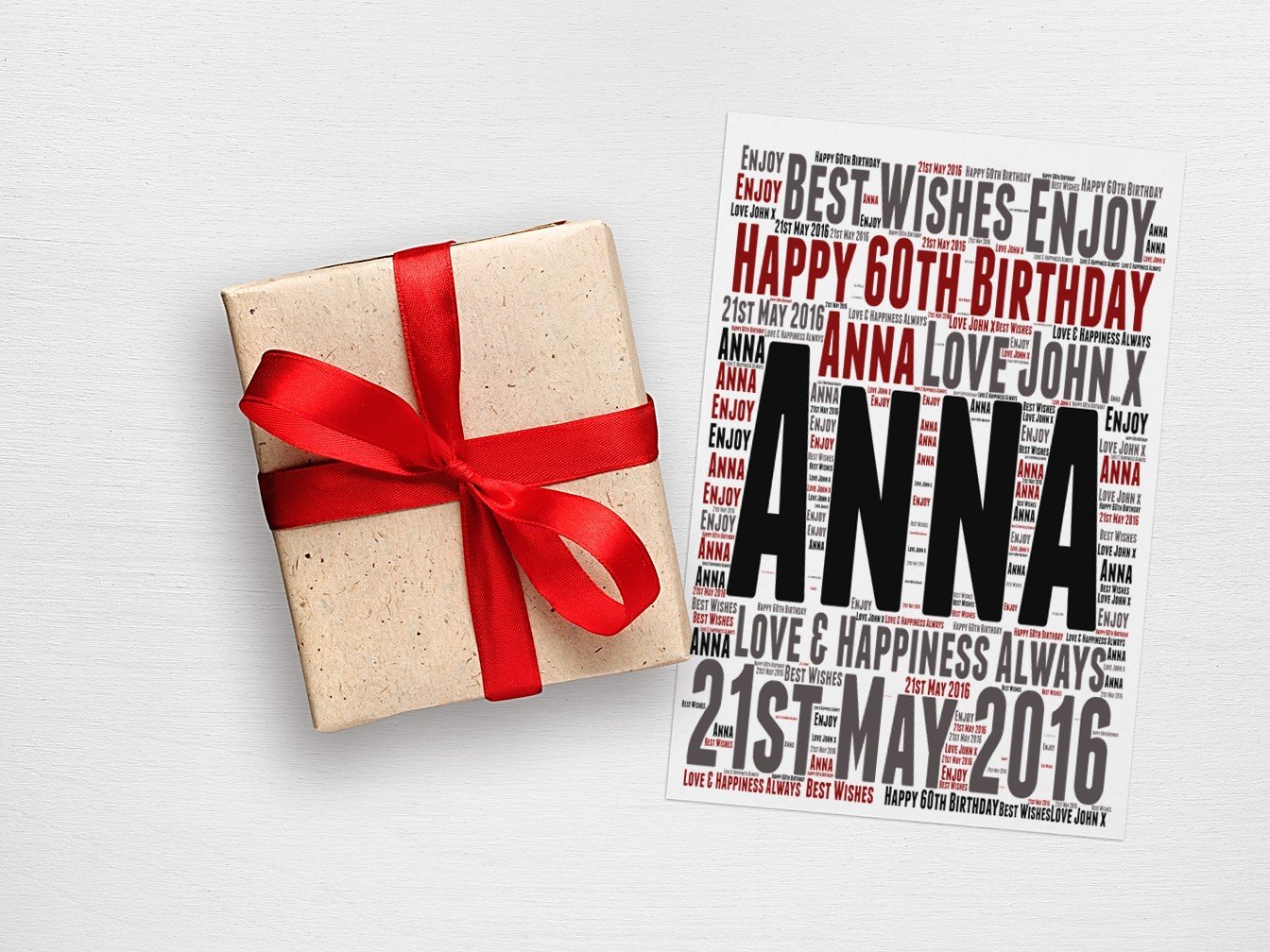 A beautifully designed personalised 60th birthday word art greeting card, featuring customisable text and a blank interior for personal messages.