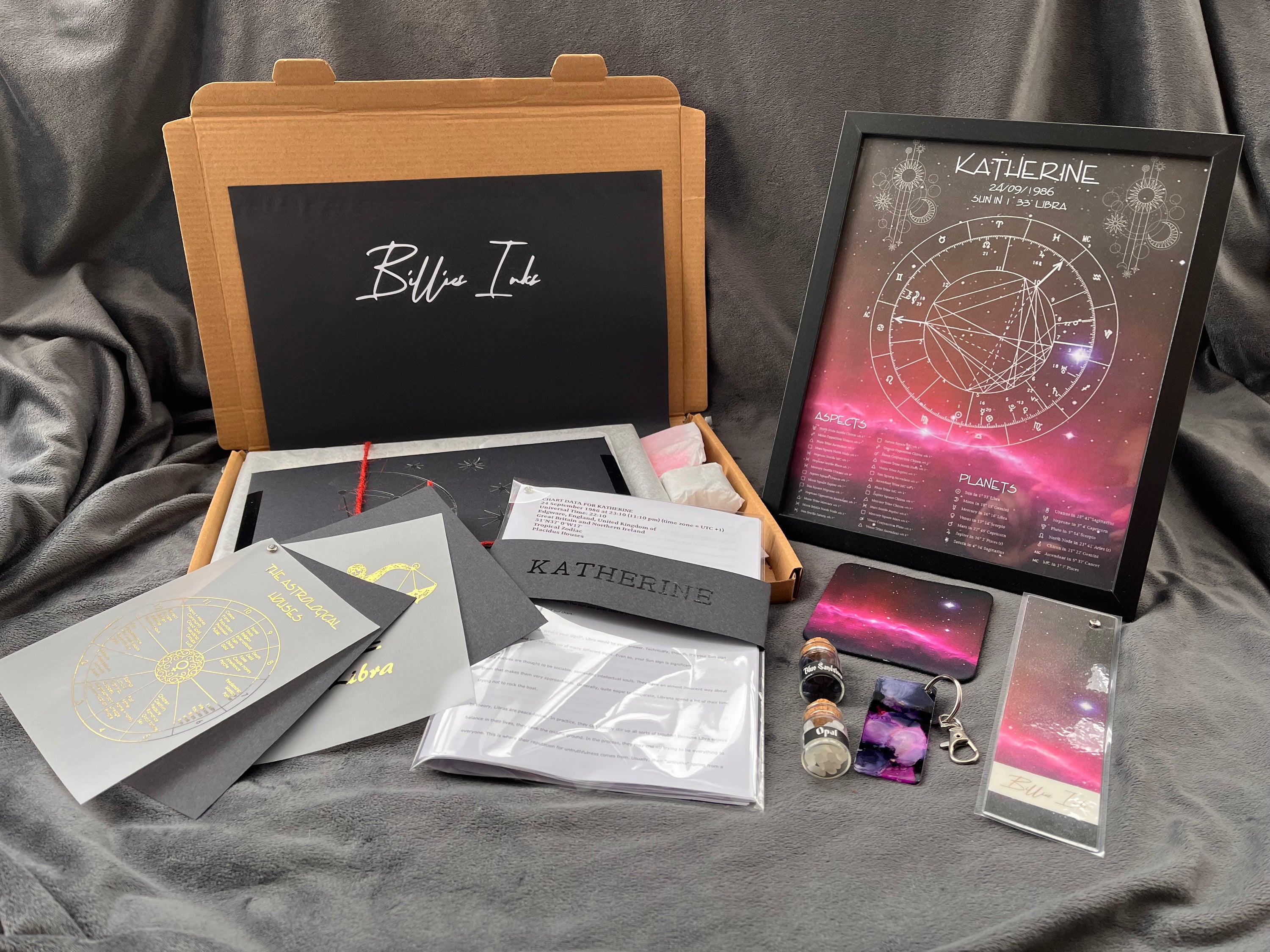 Astrology Birth Chart Gift Set featuring a framed birth chart print, personalized booklet, handmade keyring, coaster, bookmark, and healing crystals.