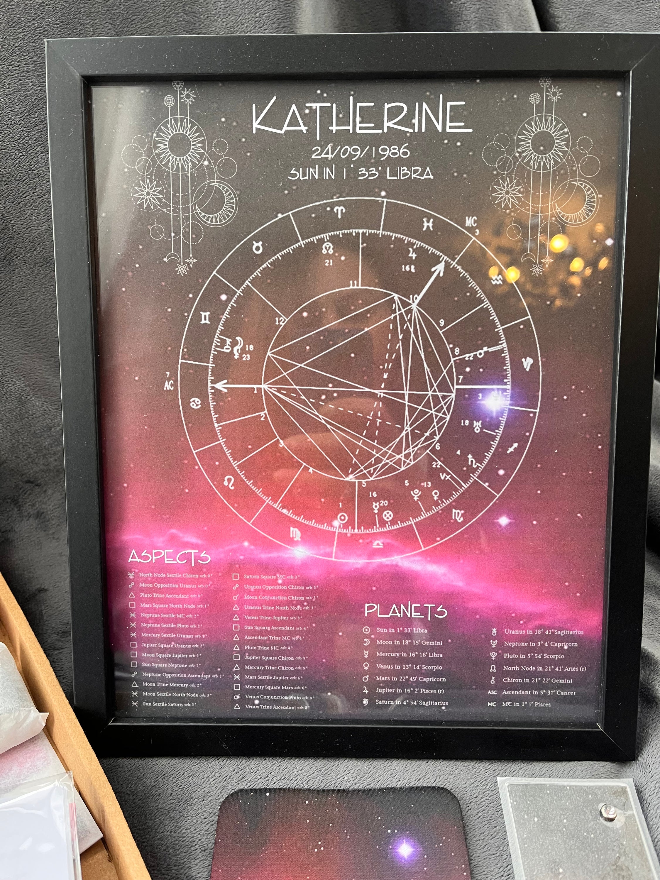 Astrology Birth Chart Gift Set featuring a framed birth chart print, personalized booklet, handmade keyring, coaster, bookmark, and healing crystals.