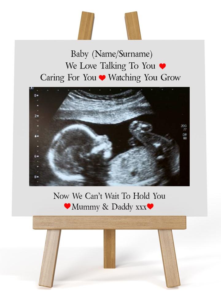 Personalised Baby Scan Photo Plaque featuring a wooden design with a custom photo and heartfelt message, perfect for commemorating pregnancy memories.