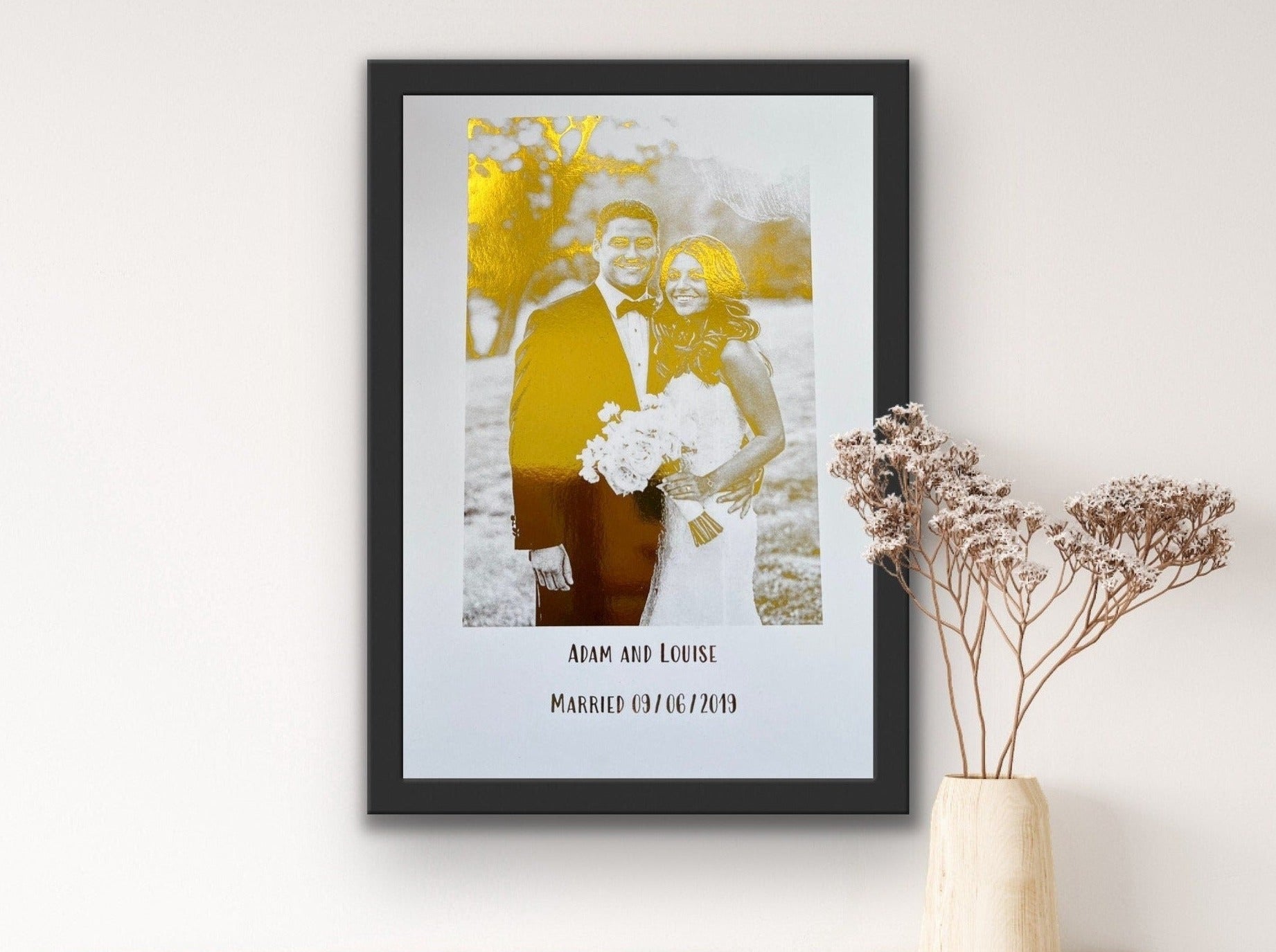 Bespoke wedding foil print featuring gold foil design on a white background, personalized with couple's names and wedding date.