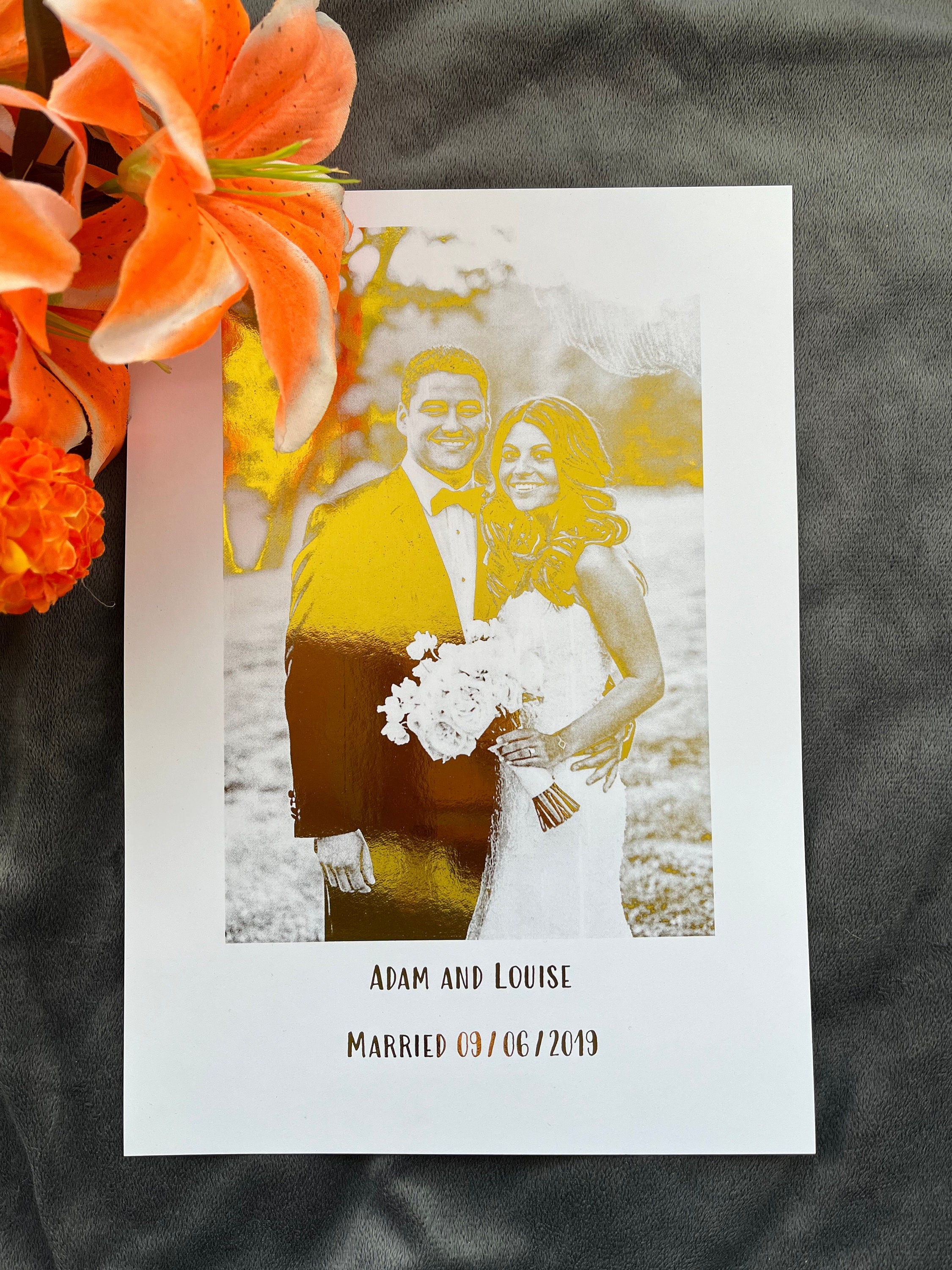 Bespoke wedding foil print featuring gold foil design on a white background, personalized with couple's names and wedding date.