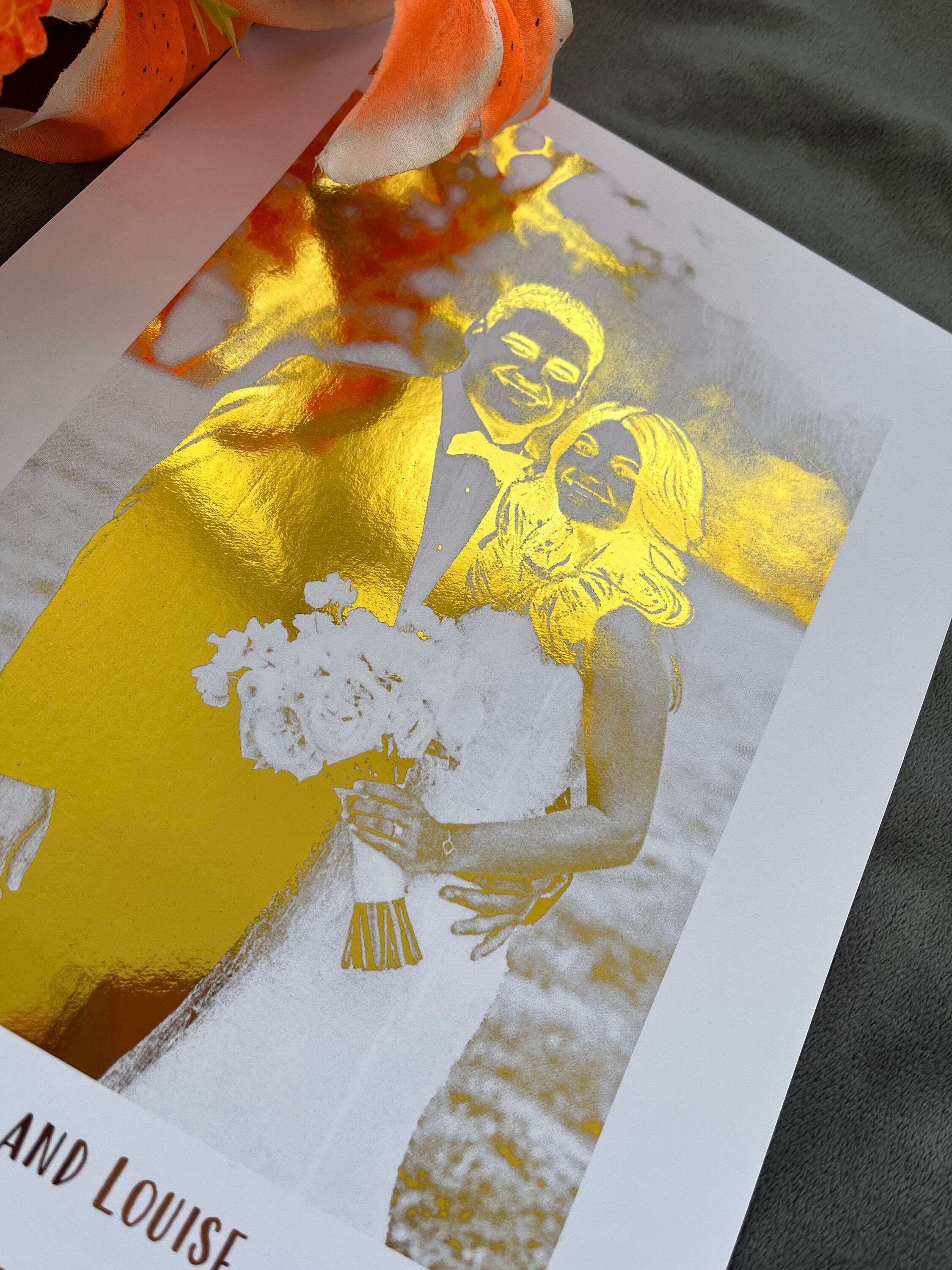 Bespoke wedding foil print featuring gold foil design on a white background, personalized with couple's names and wedding date.