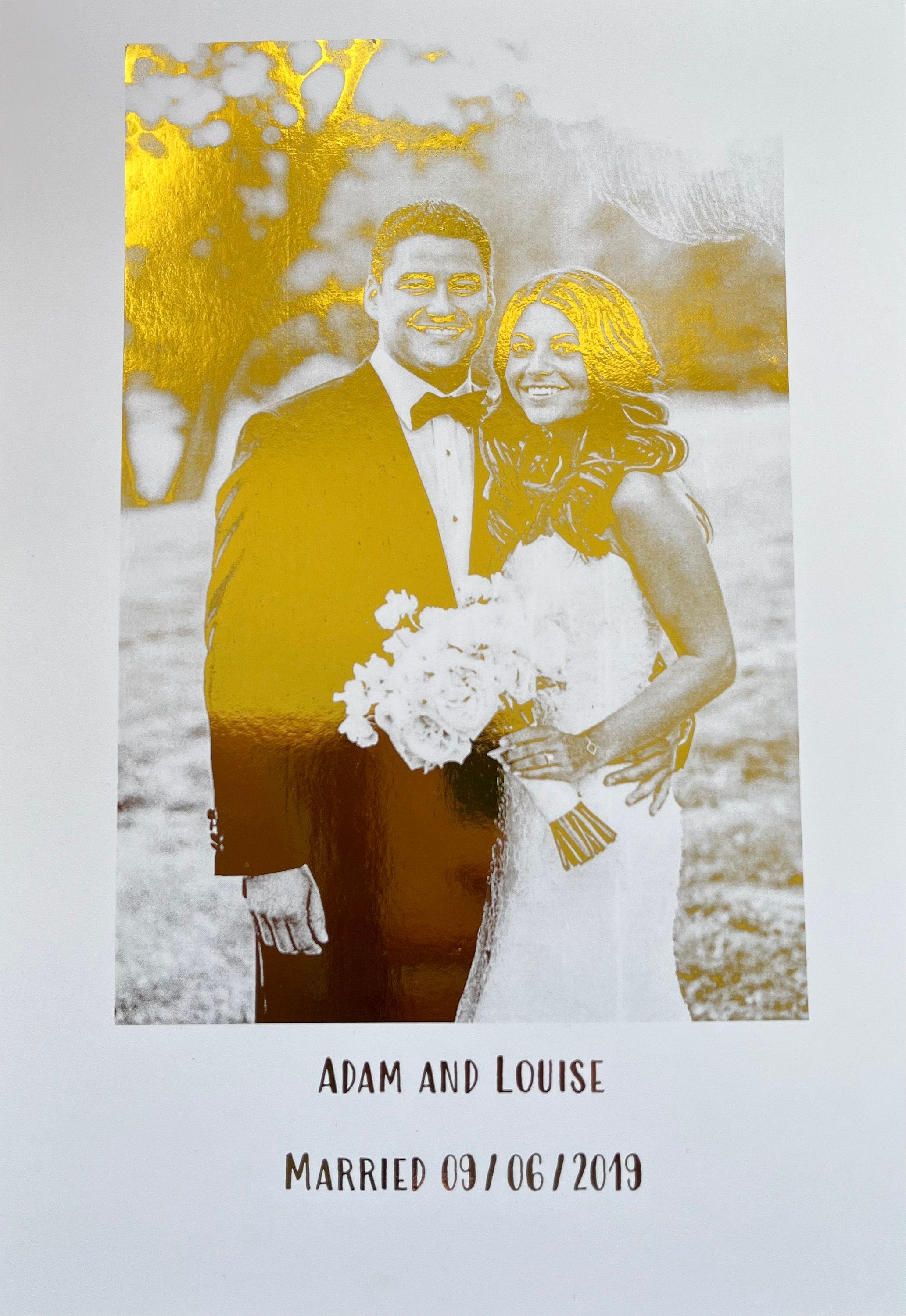 Bespoke wedding foil print featuring gold foil design on a white background, personalized with couple's names and wedding date.