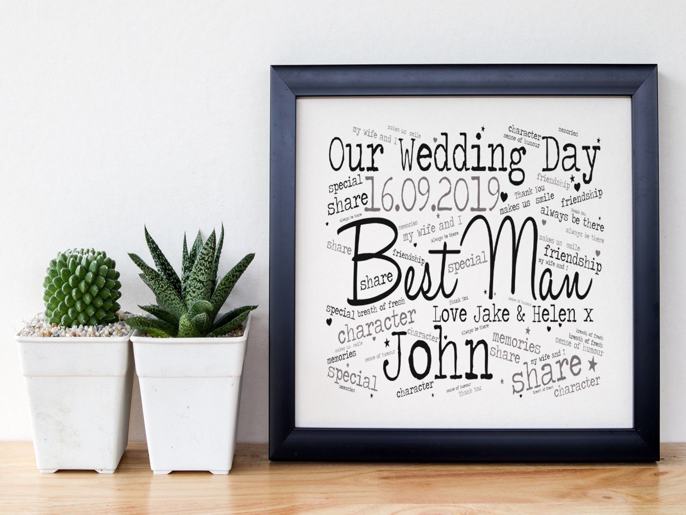 Personalised Framed Best Man Word Art in black frame, featuring customisable text and colours, perfect for wedding gifts.