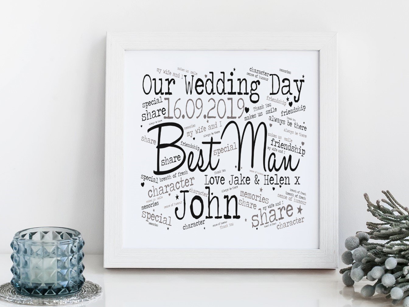 Personalised Framed Best Man Word Art in black frame, featuring customisable text and colours, perfect for wedding gifts.