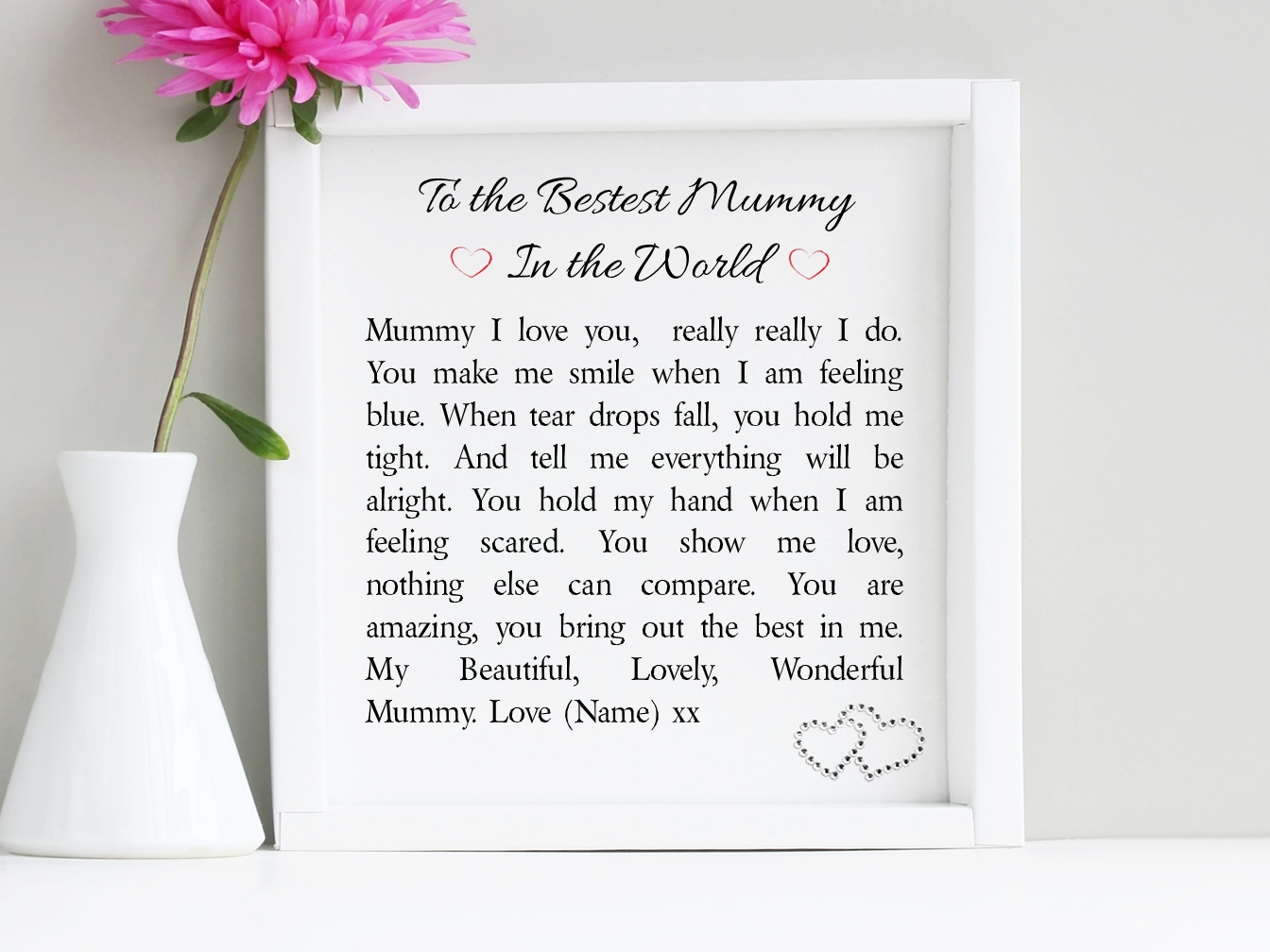 A beautifully framed poem for mothers, decorated with diamantes, measuring 20cm x 20cm, showcasing heartfelt sentiments.