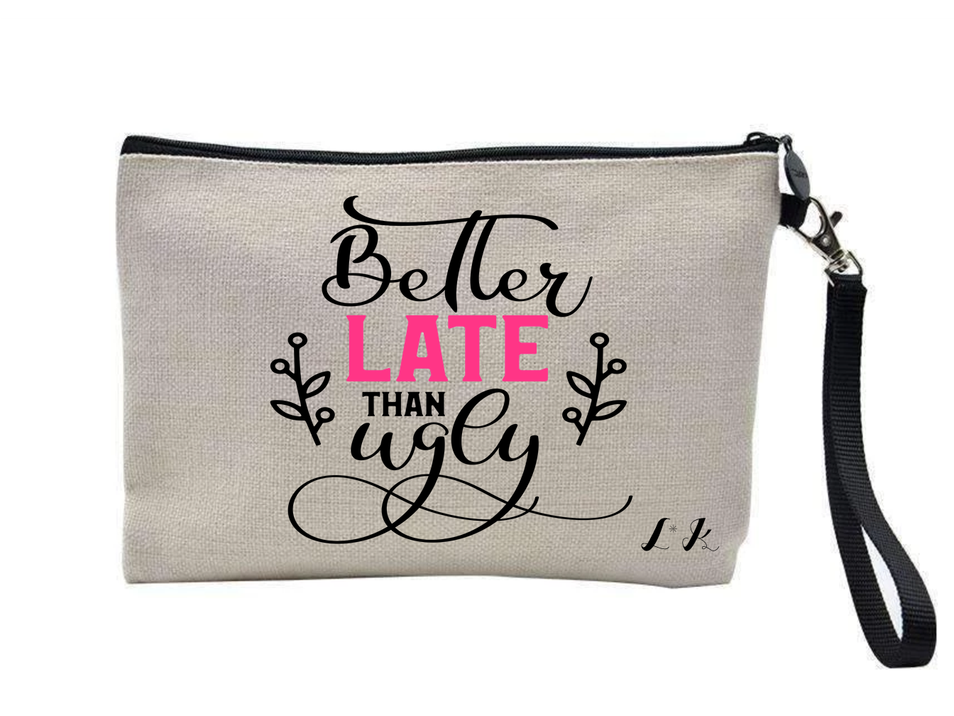 Better Late Personalised Make Up Bag in linen with high standards lashes design, featuring initials customization option.