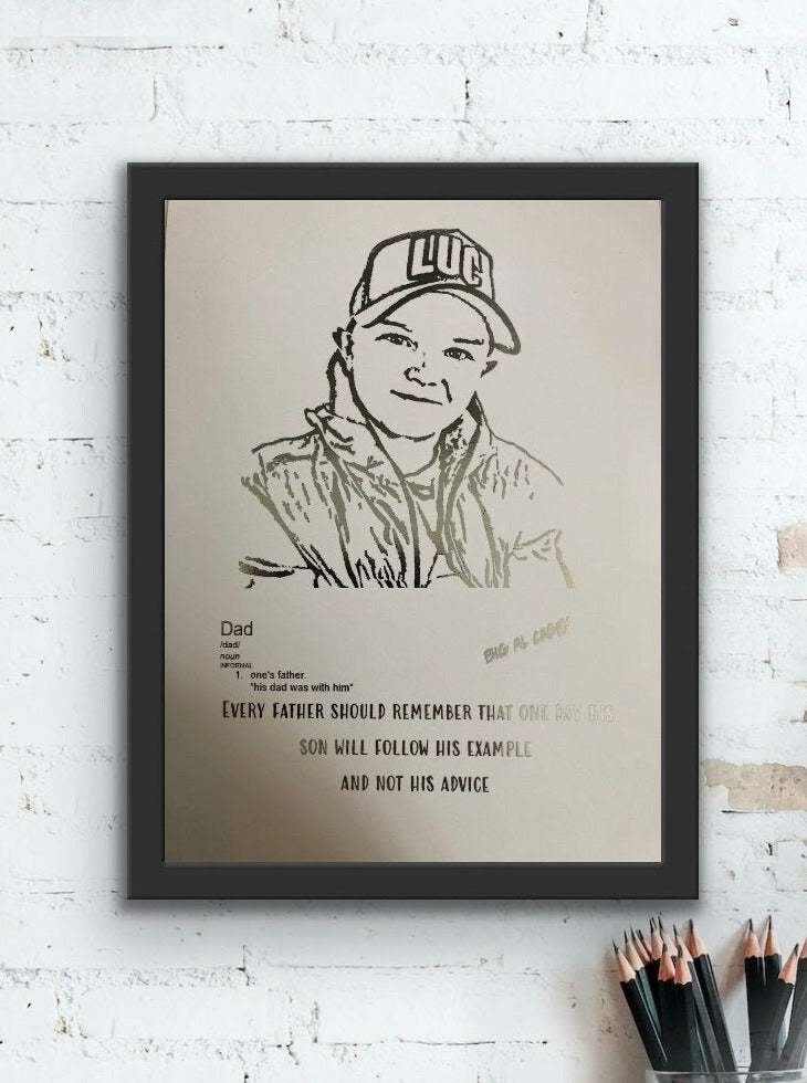 Big Al Casey Father and Son Foil Print featuring a silver foil portrait and a heartfelt quote on a white background.