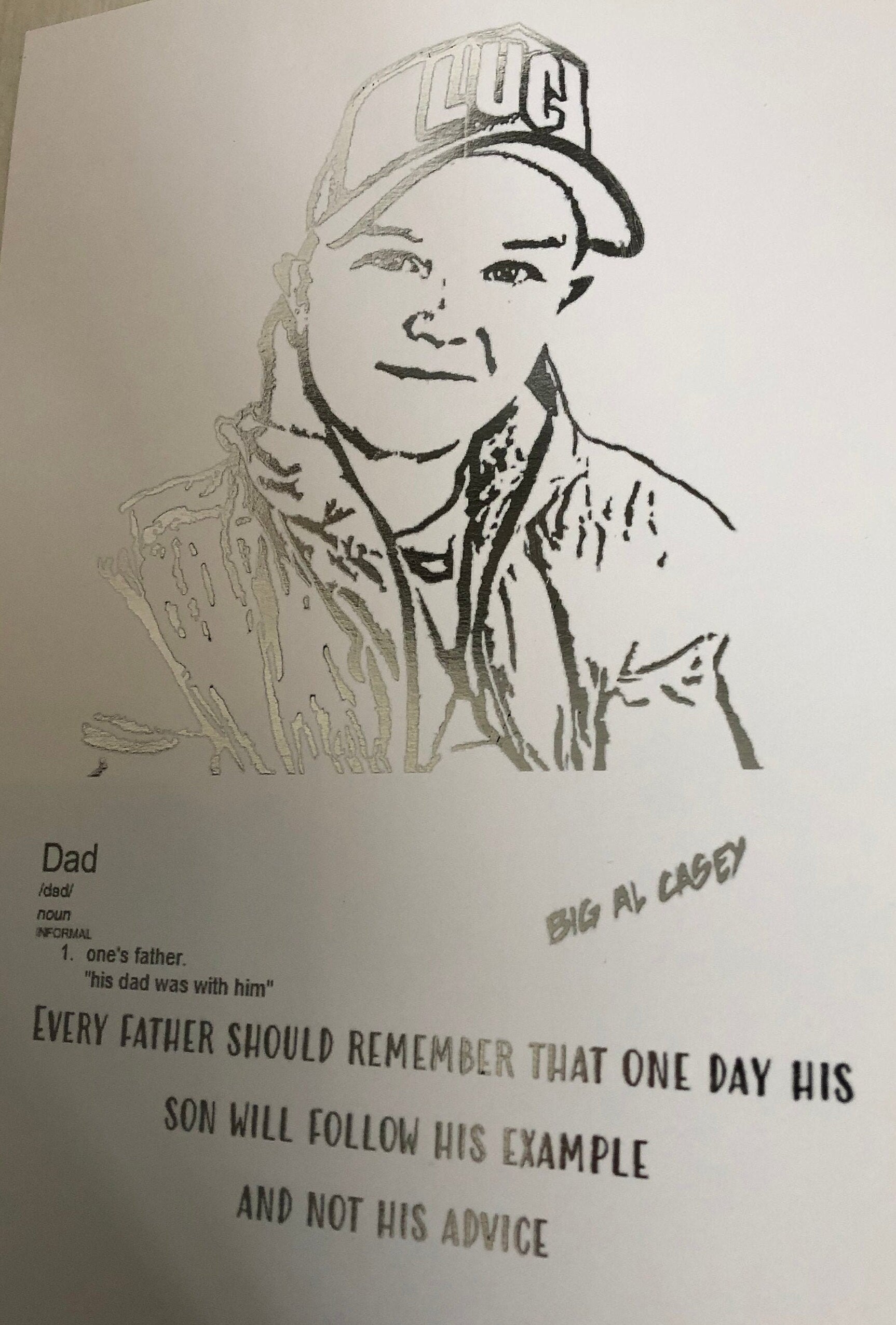 Big Al Casey Father and Son Foil Print featuring a silver foil portrait and a heartfelt quote on a white background.