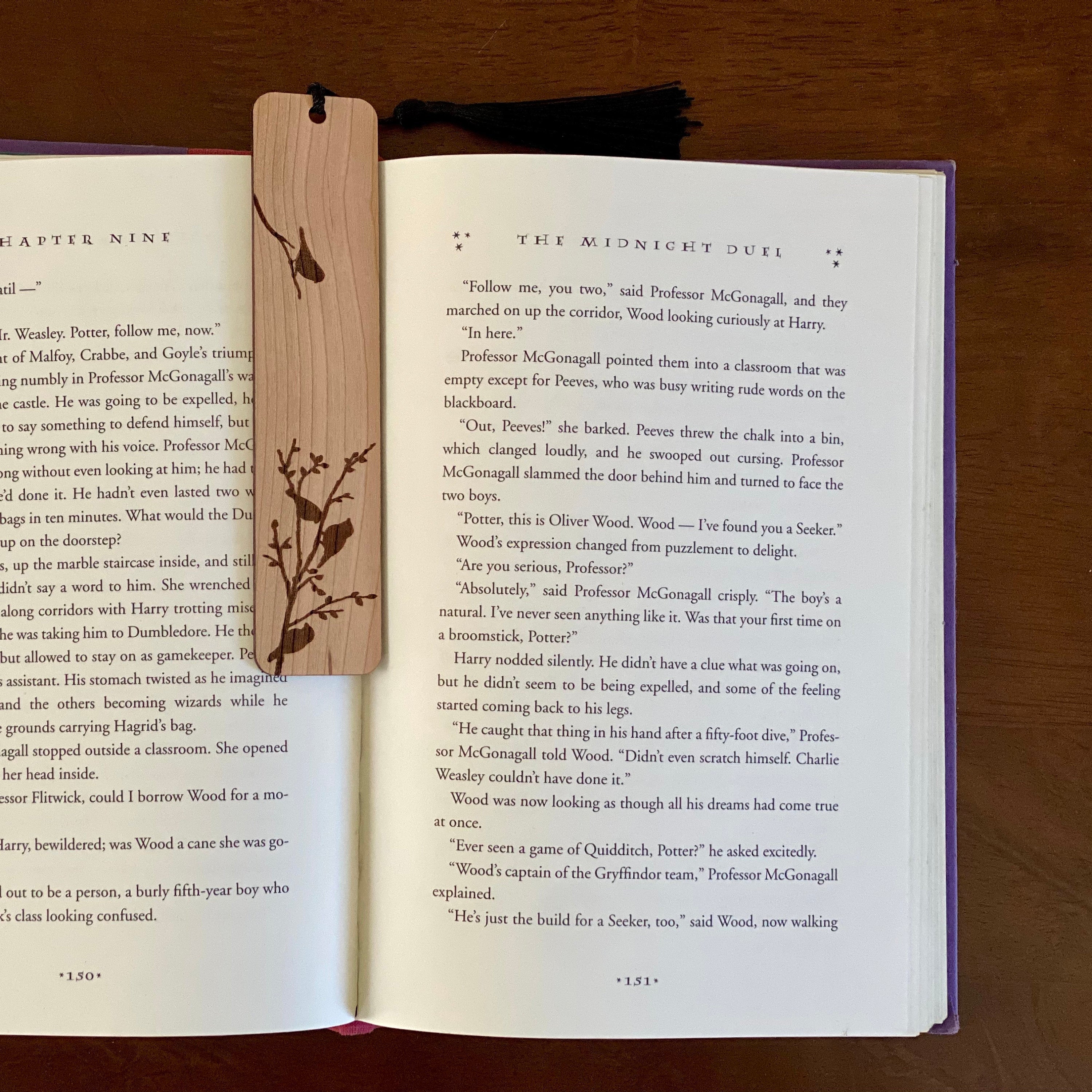 Engraved wood bookmark featuring silhouettes of birds on branches, made from Cherry hardwood with a colorful tassel.