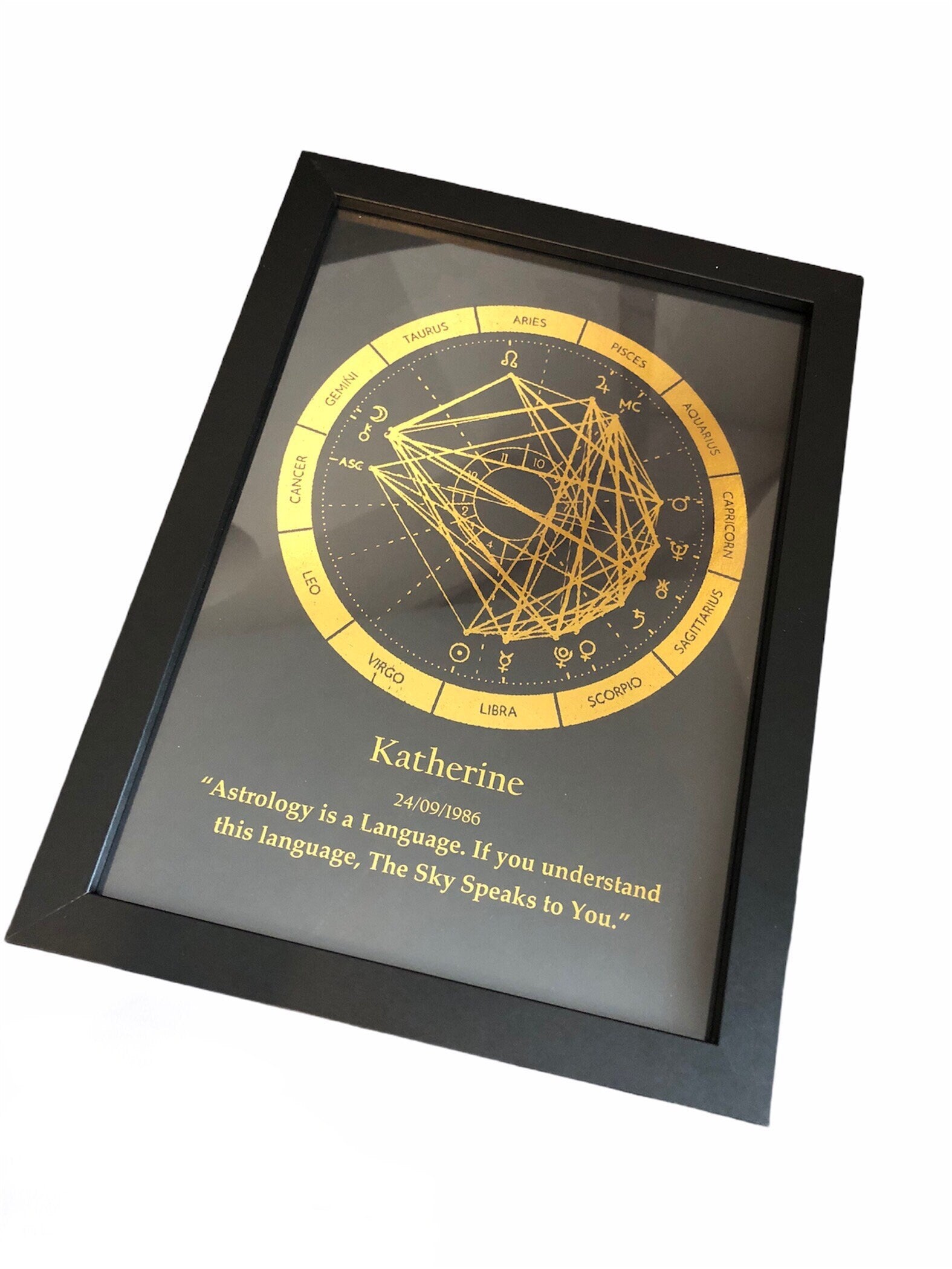 Personalized Birth/Astrology Chart Foil Print in black, showcasing celestial positions at the time of birth.