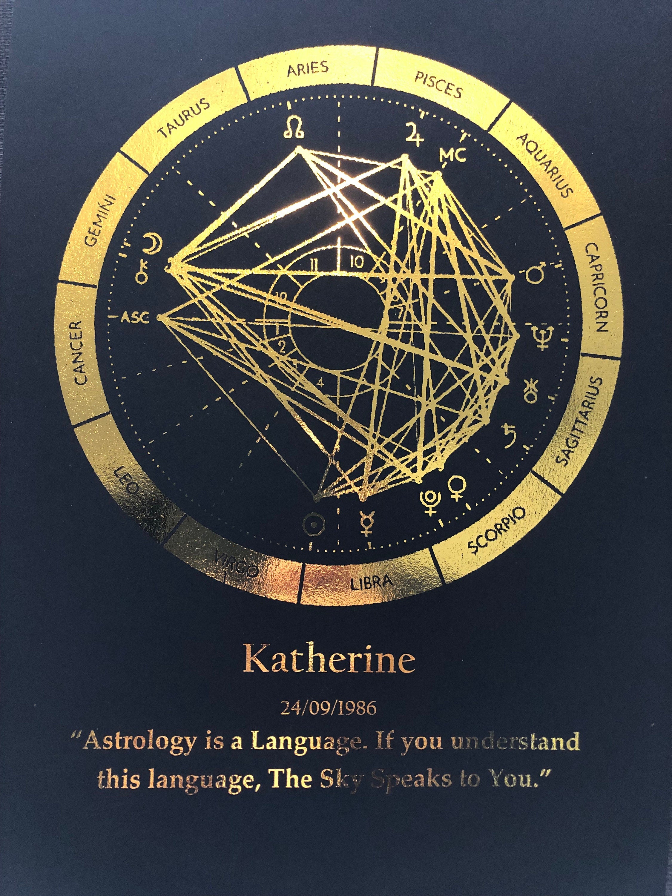 Personalized Birth/Astrology Chart Foil Print in black, showcasing celestial positions at the time of birth.