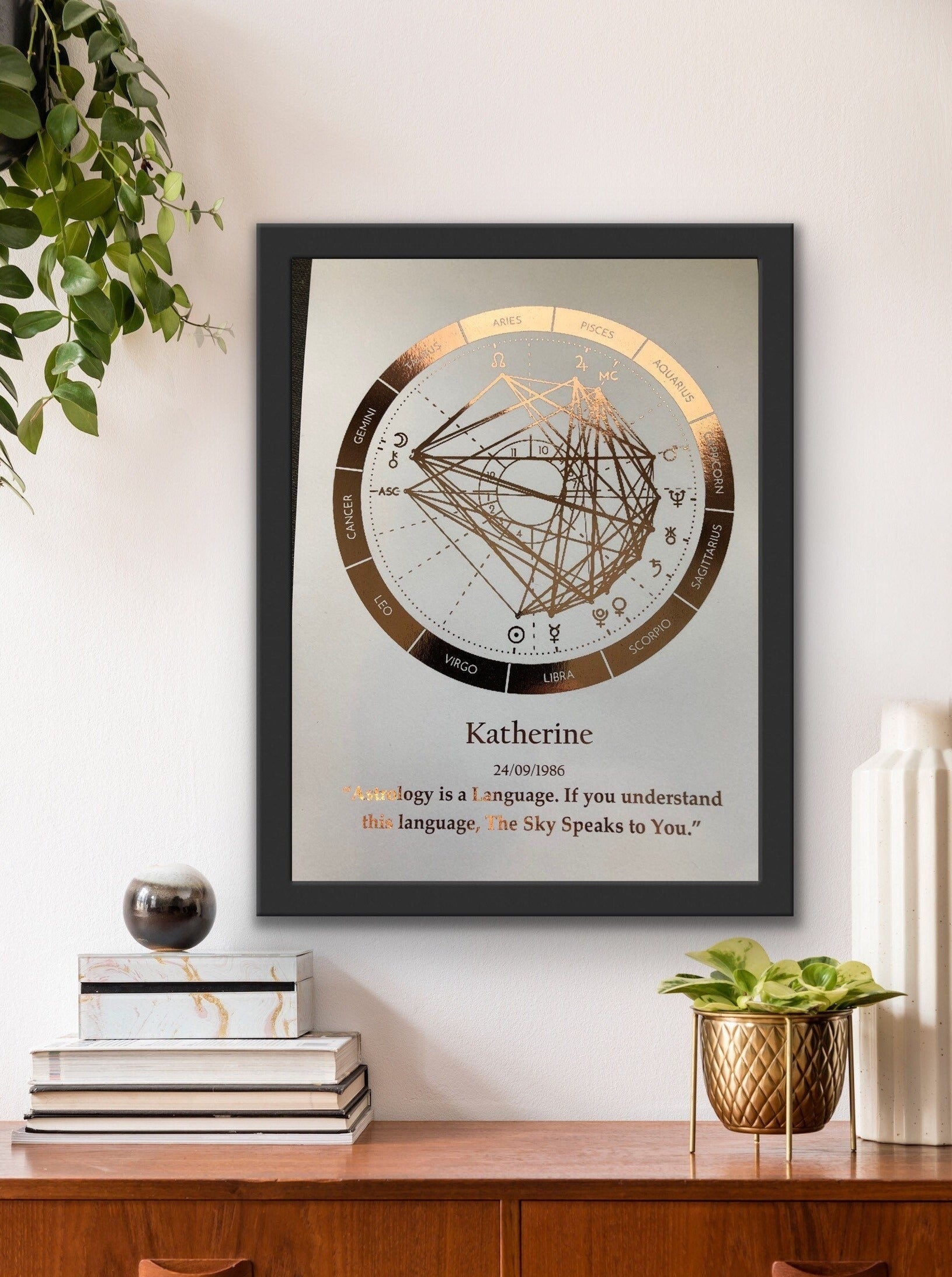 A beautifully designed Birth/Astrology Chart Foil Print featuring celestial symbols and personalized details.