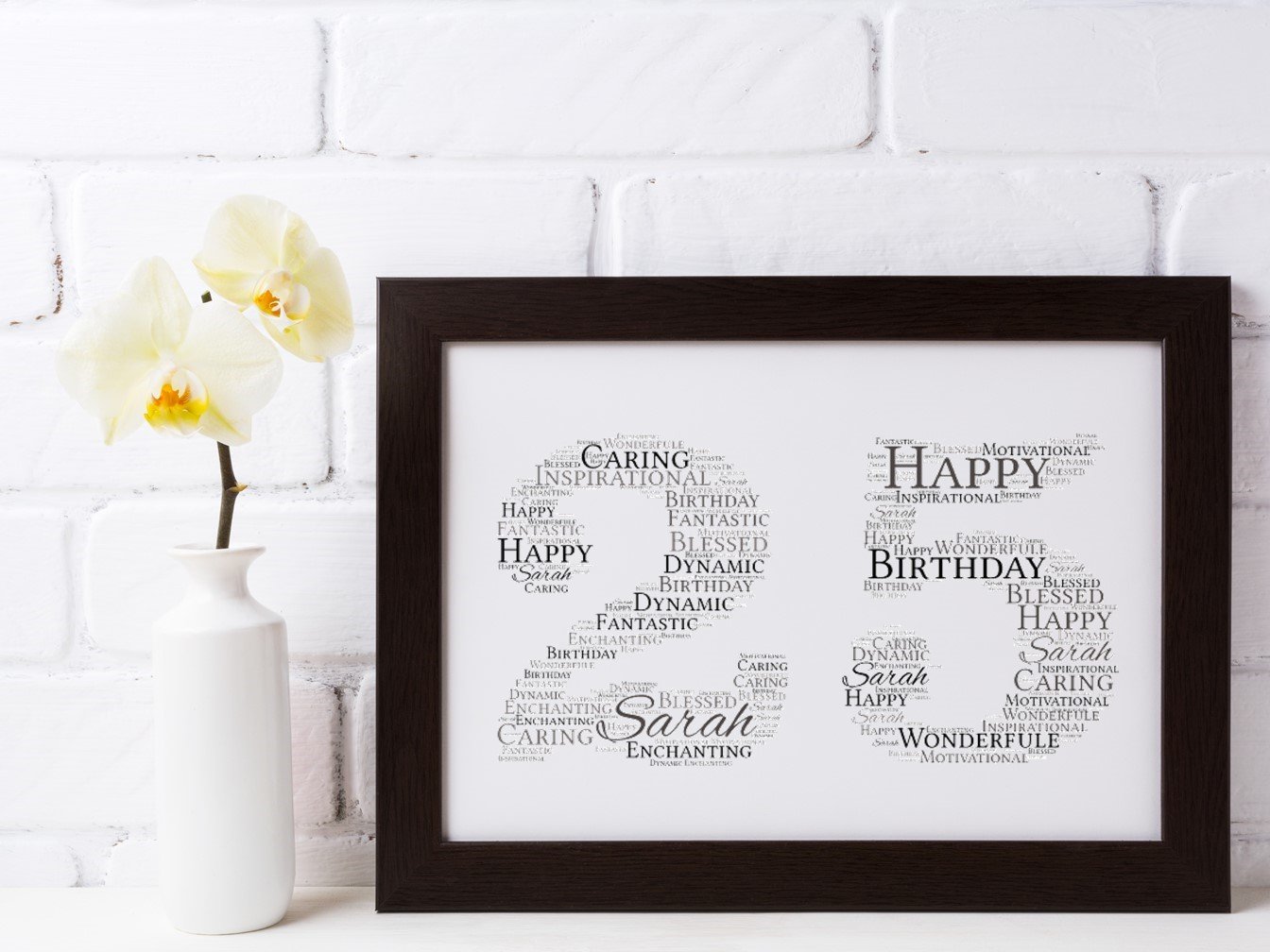 A beautifully designed Birthday Personalised Word Art featuring custom text, available in canvas or photo paper, framed or unframed.