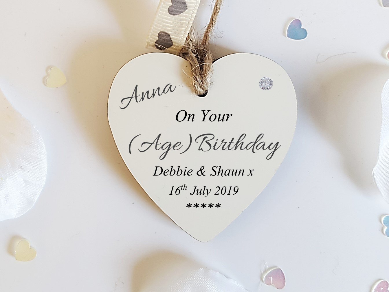 Personalised wooden heart gift tag mini plaque with gloss finish, customizable with names and dates, ideal for birthday gifts.