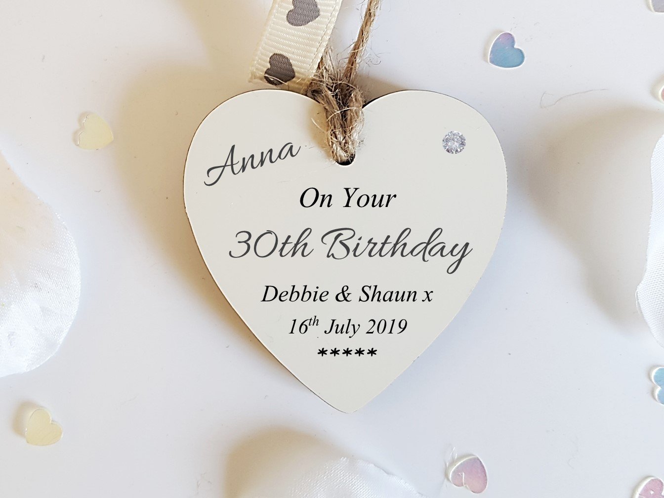 Personalised wooden heart gift tag mini plaque with gloss finish, customizable with names and dates, ideal for birthday gifts.