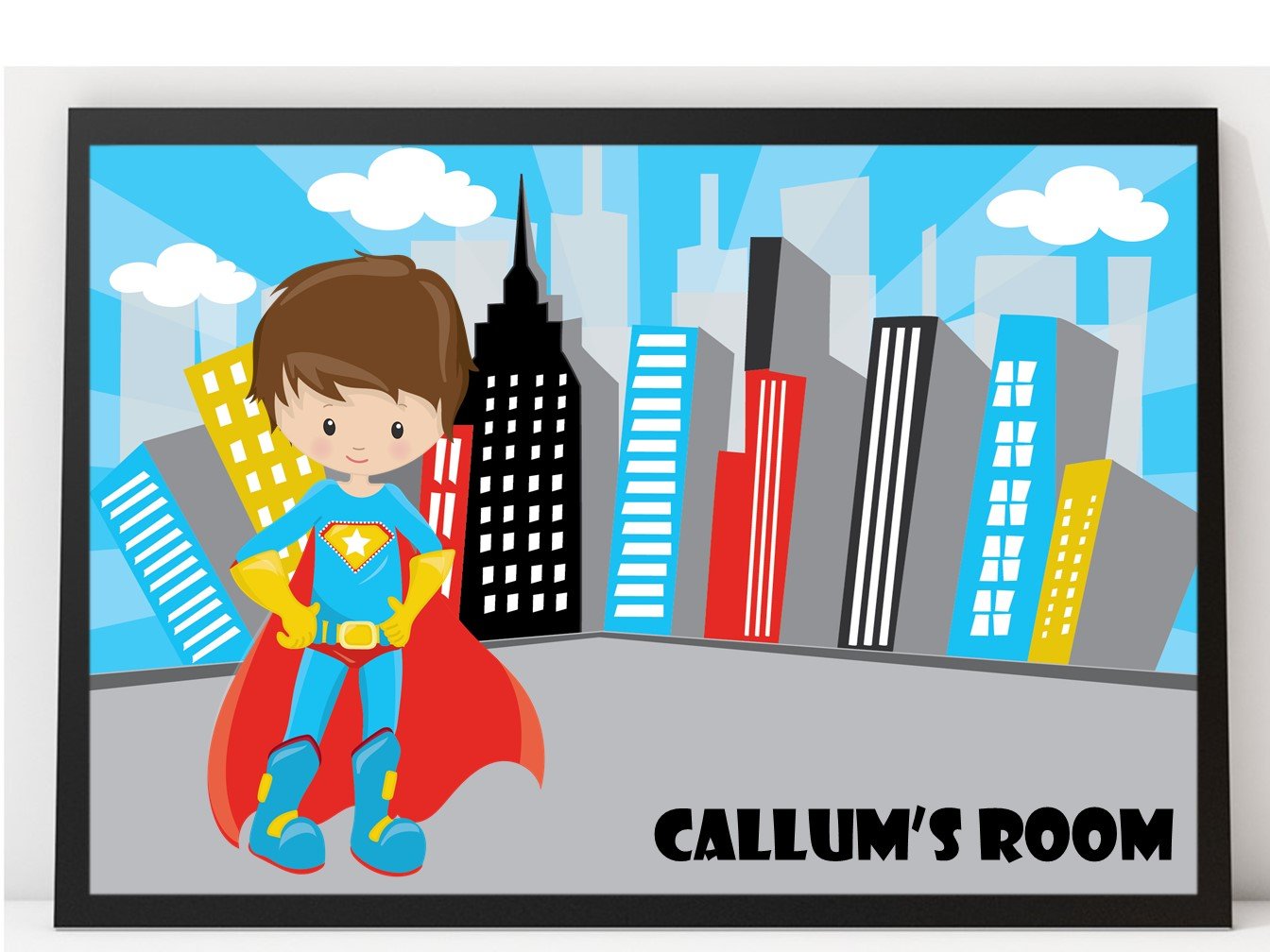 A vibrant A3 Boy's Personalised Superhero Poster featuring a superhero design, customizable with a child's name, perfect for bedroom decor.