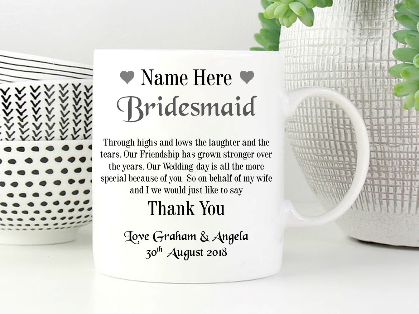 A beautifully designed personalised ceramic mug for bridal party members, featuring elegant text and a high-quality finish.