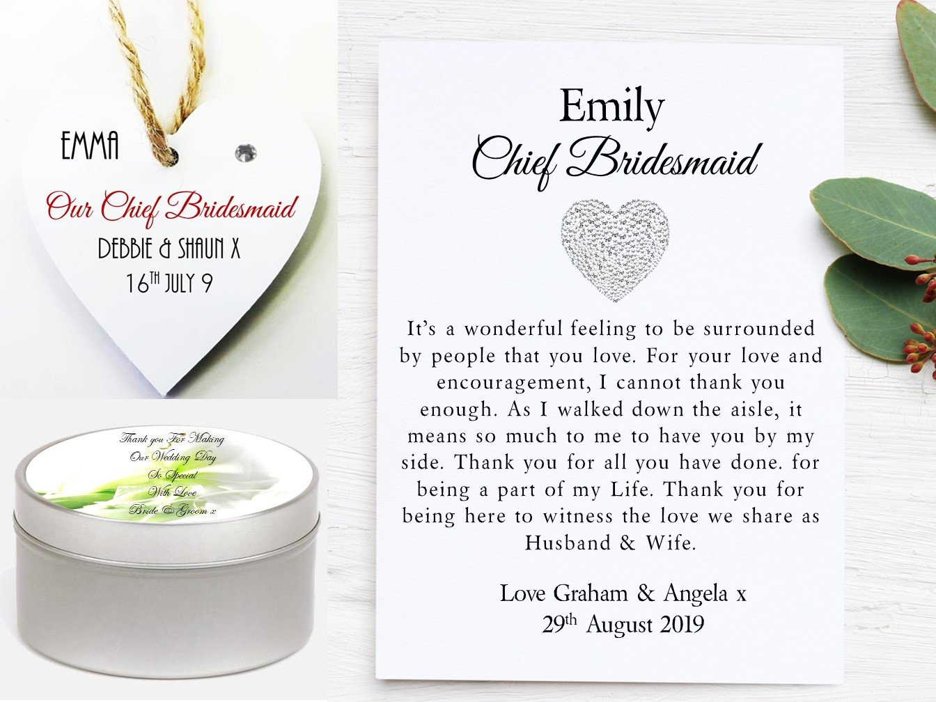 Bridesmaid Wedding Scroll Gift Set featuring a personalized scroll, heart mini plaque, and a 50ml candle, beautifully arranged for gifting.