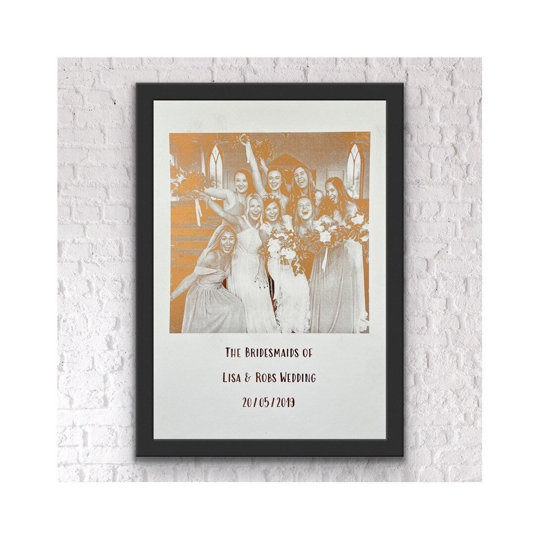 A beautiful foil print featuring bridesmaids in rose gold on a white background, personalized with names and wedding date.