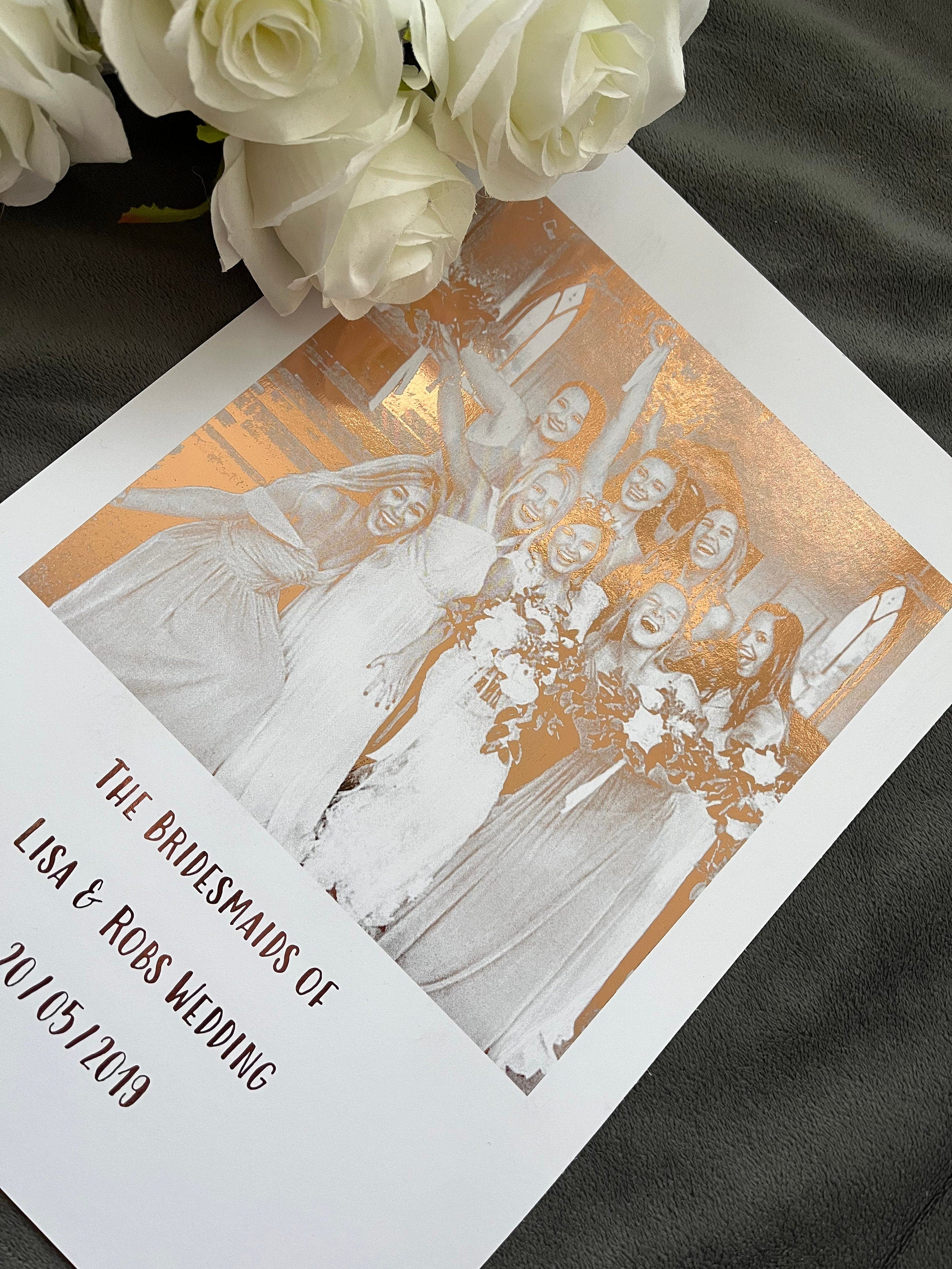 A beautiful foil print featuring bridesmaids in rose gold on a white background, personalized with names and wedding date.