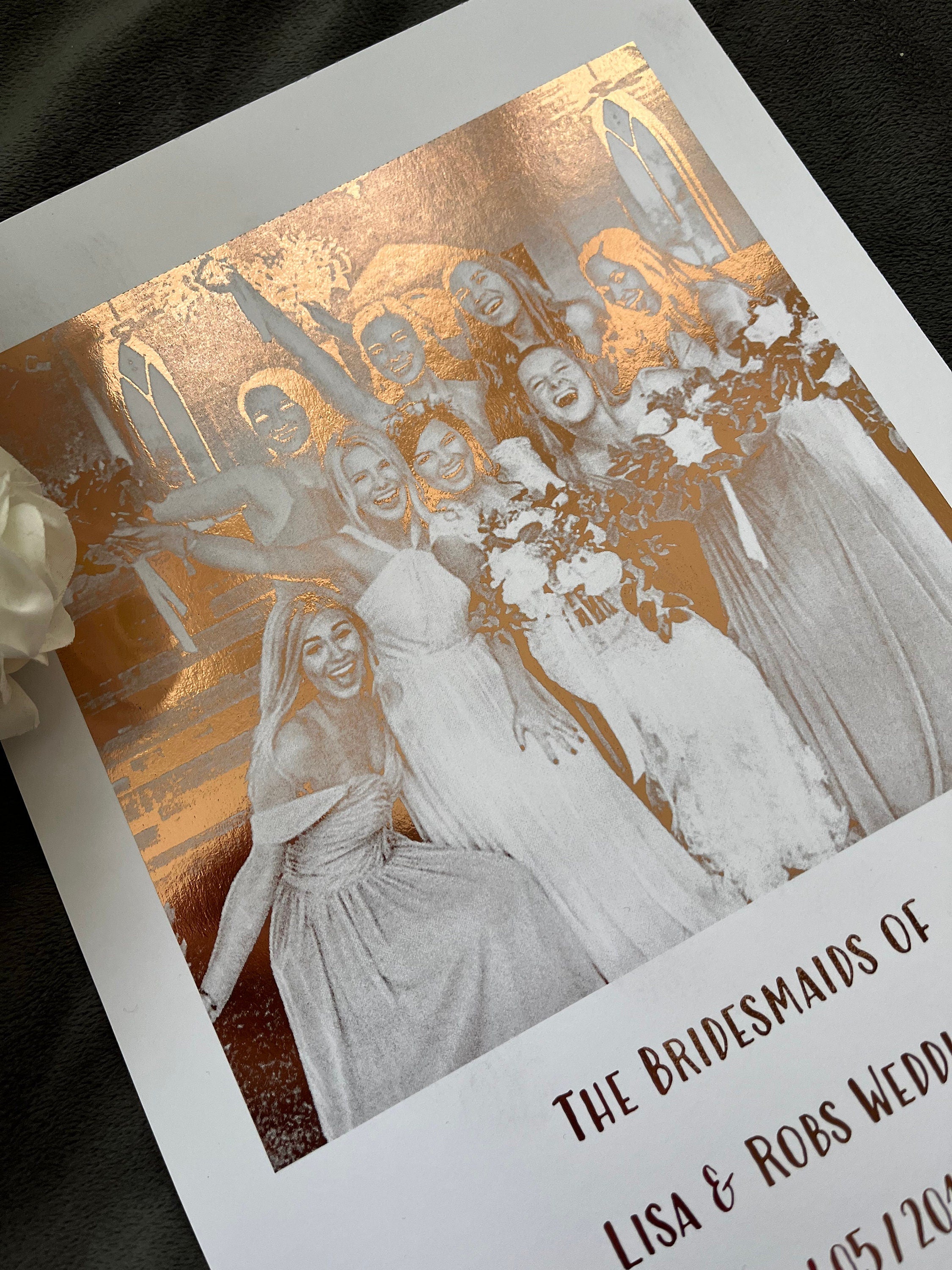 A beautiful foil print featuring bridesmaids in rose gold on a white background, personalized with names and wedding date.