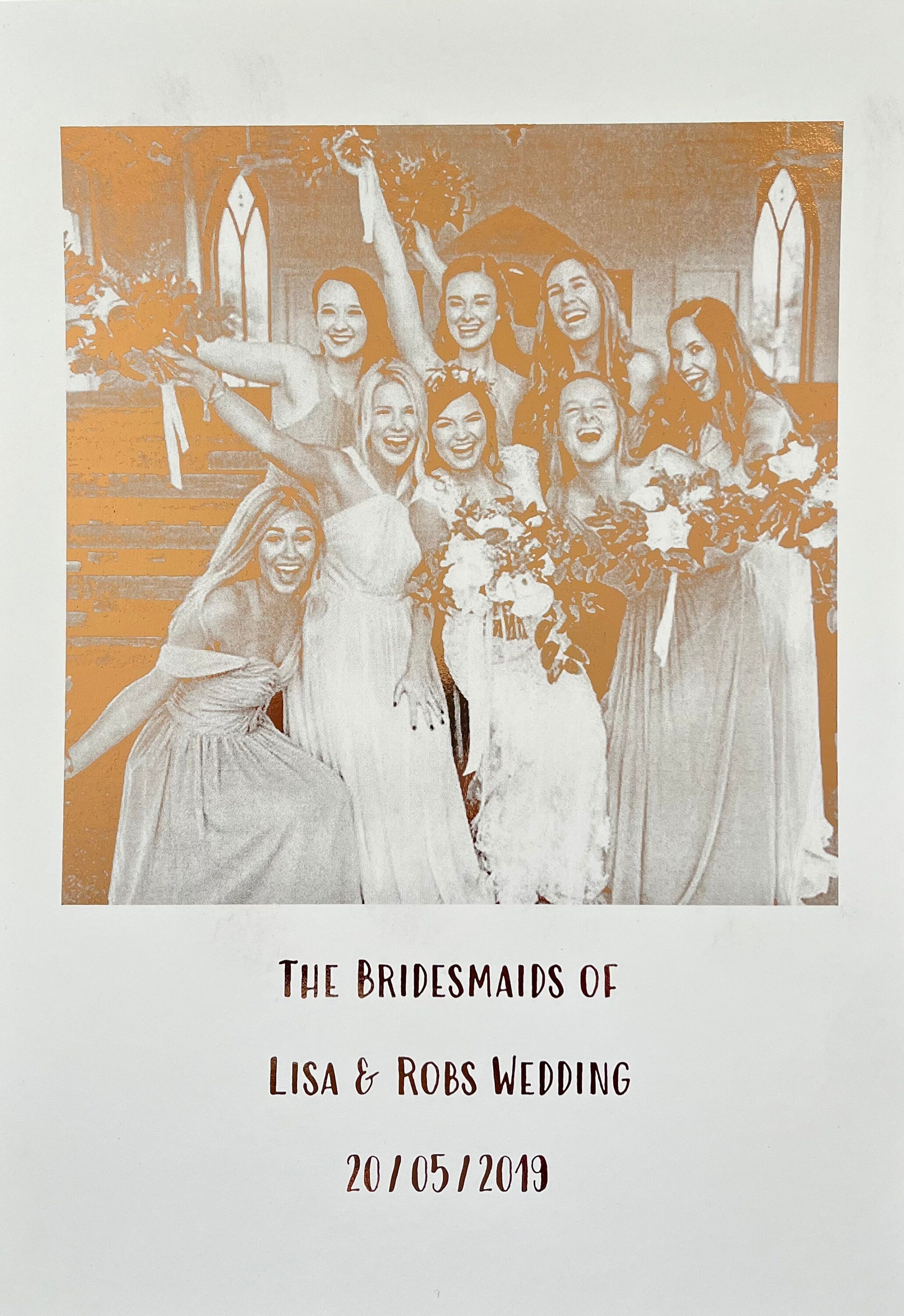 A beautiful foil print featuring bridesmaids in rose gold on a white background, personalized with names and wedding date.