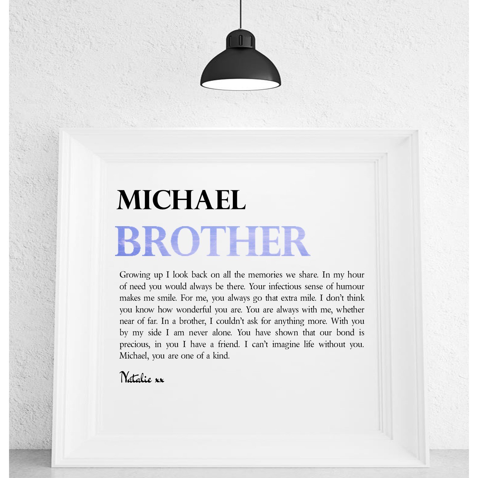 A beautifully framed personalised poem for brothers, showcasing a heartfelt message on high-quality canvas with a textured linen surface.