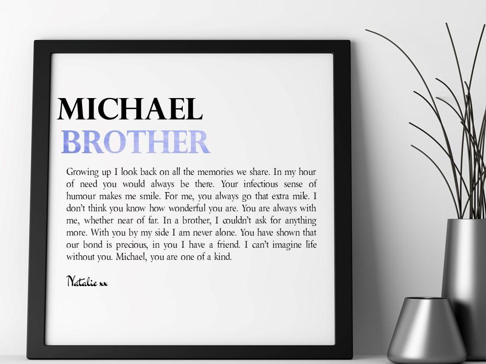 A beautifully framed personalised poem for brothers, showcasing a heartfelt message on high-quality canvas with a textured linen surface.