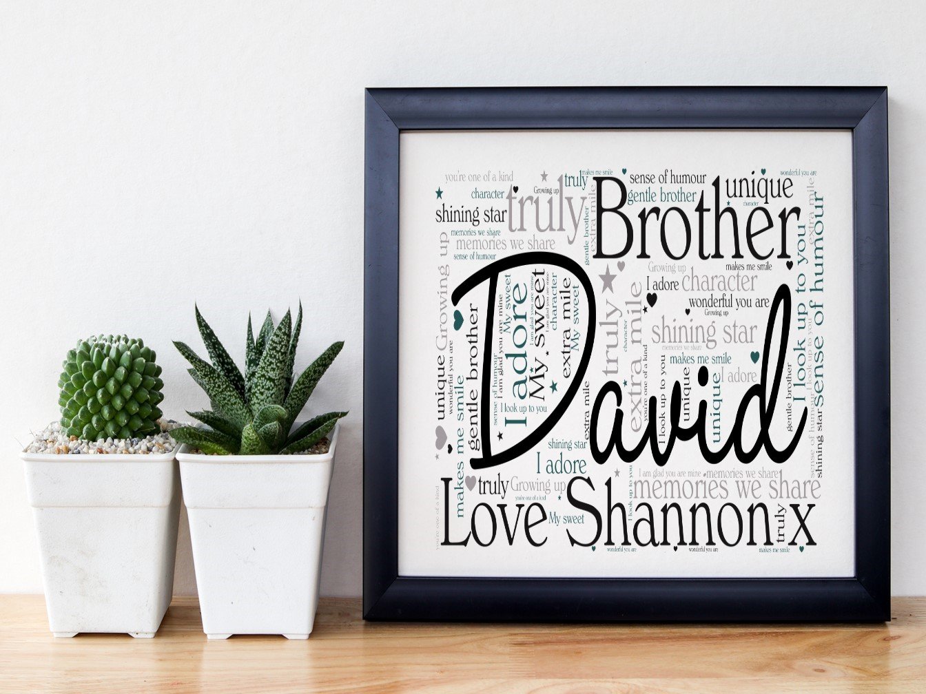 Personalised Framed Word Art for brothers, featuring customizable text in three colors, displayed in a stylish black or white frame.