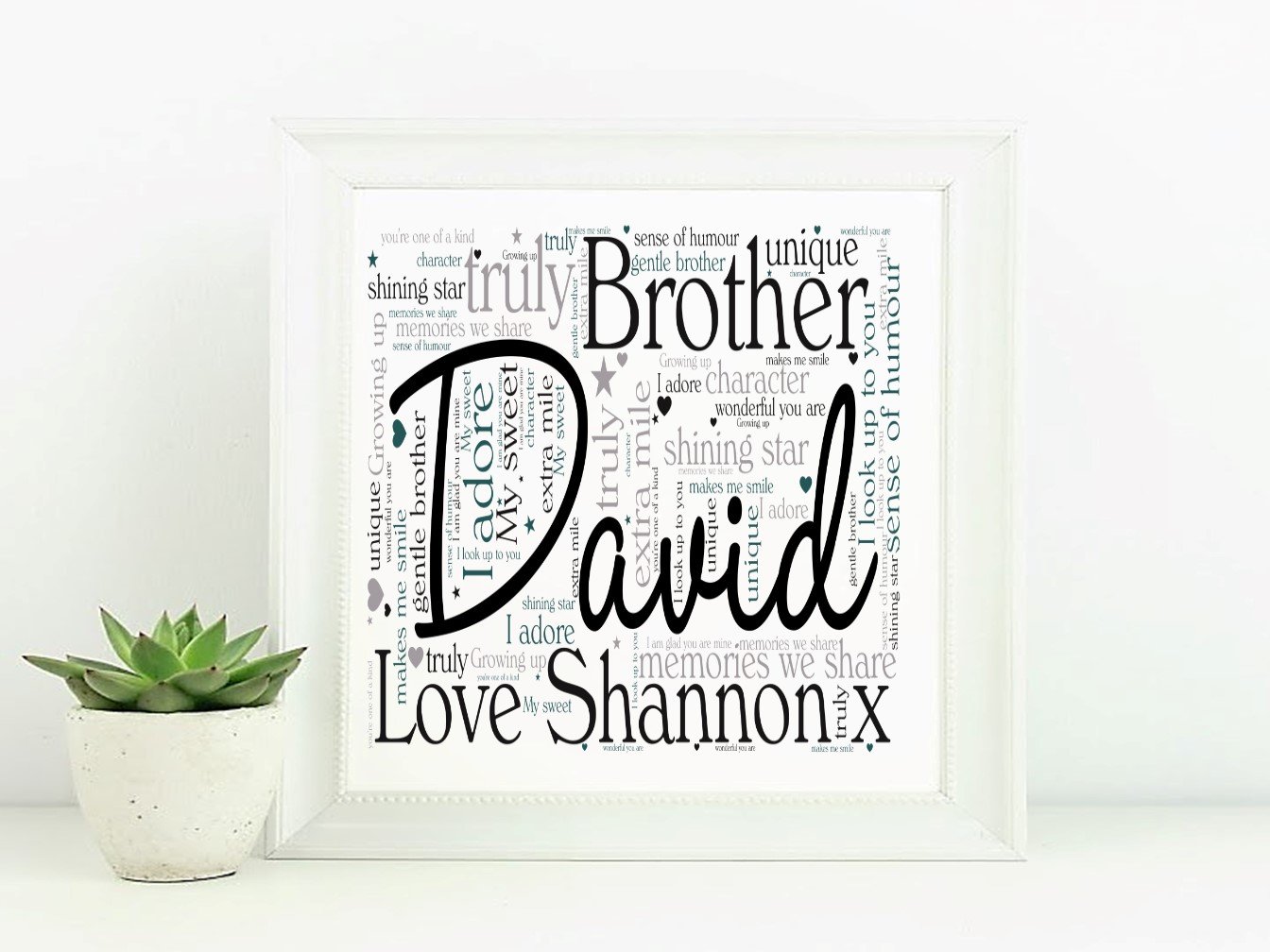 Personalised Framed Word Art for brothers, featuring customizable text in three colors, displayed in a stylish black or white frame.