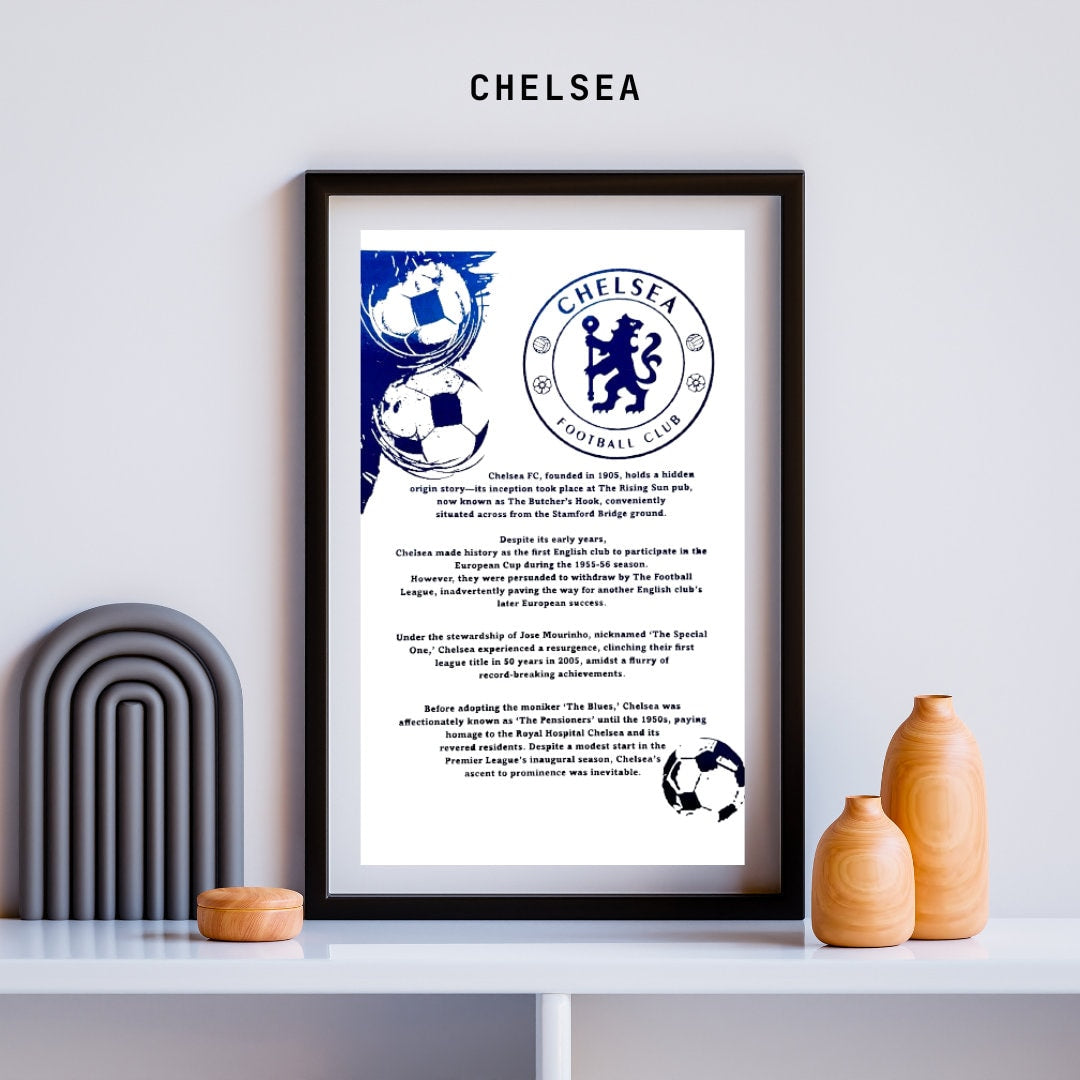 A stunning A4 foil print featuring the Chelsea FC logo embossed in radiant blue foil, showcasing the club's legacy.