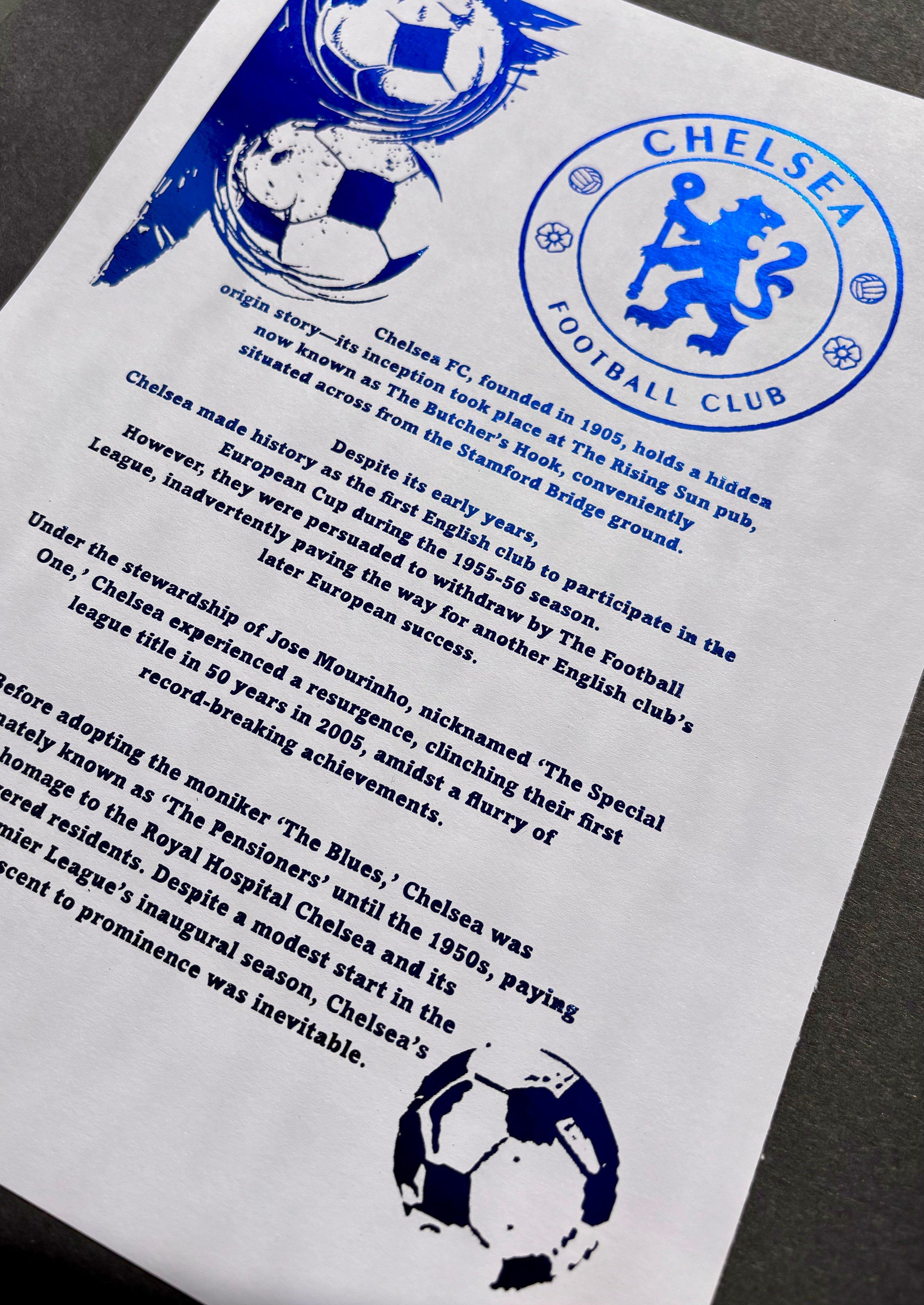 A stunning A4 foil print featuring the Chelsea FC logo embossed in radiant blue foil, showcasing the club's legacy.