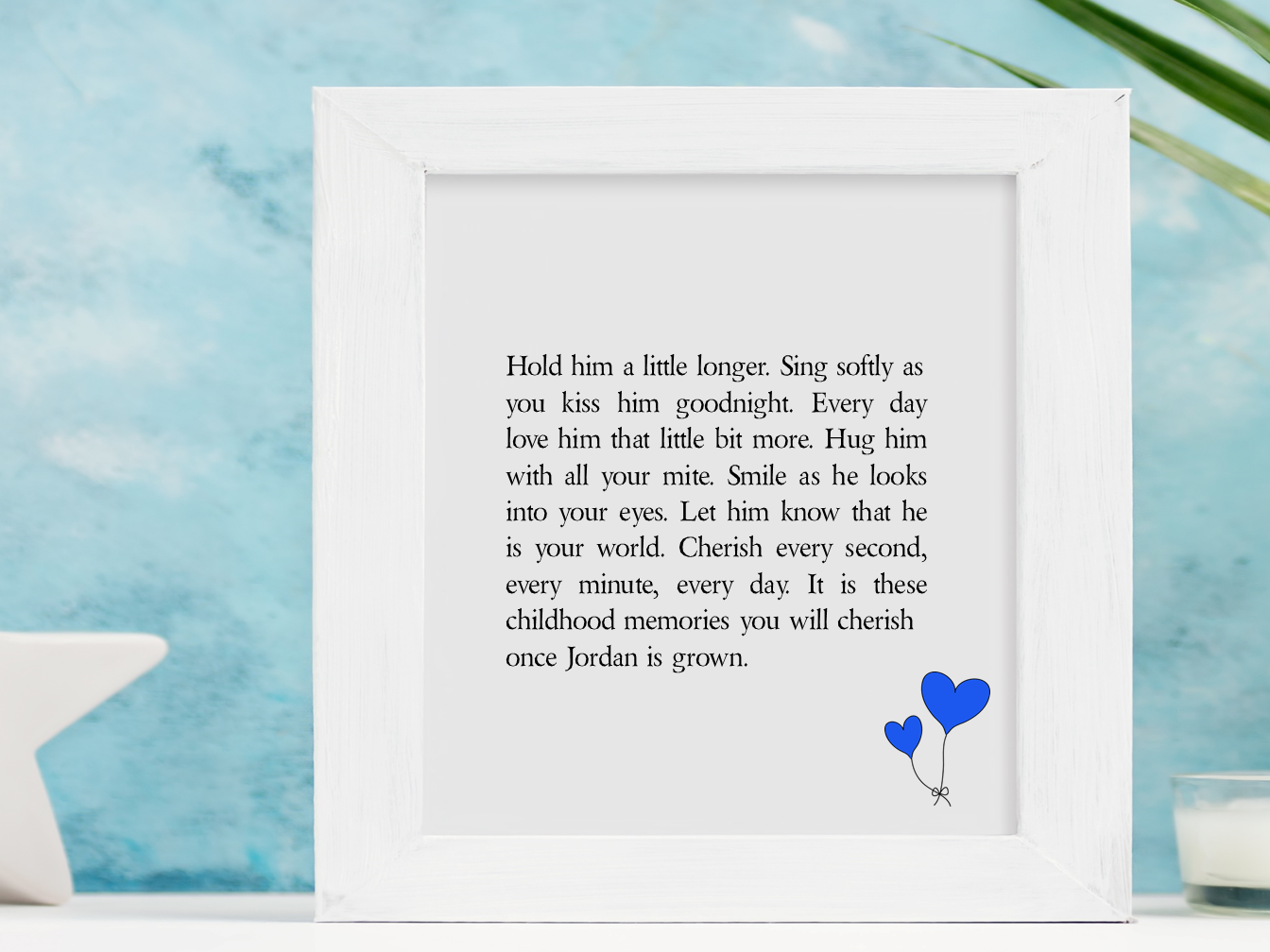 A beautifully crafted 8x8 personalised children's box frame displaying childhood memories, featuring a customizable name section.