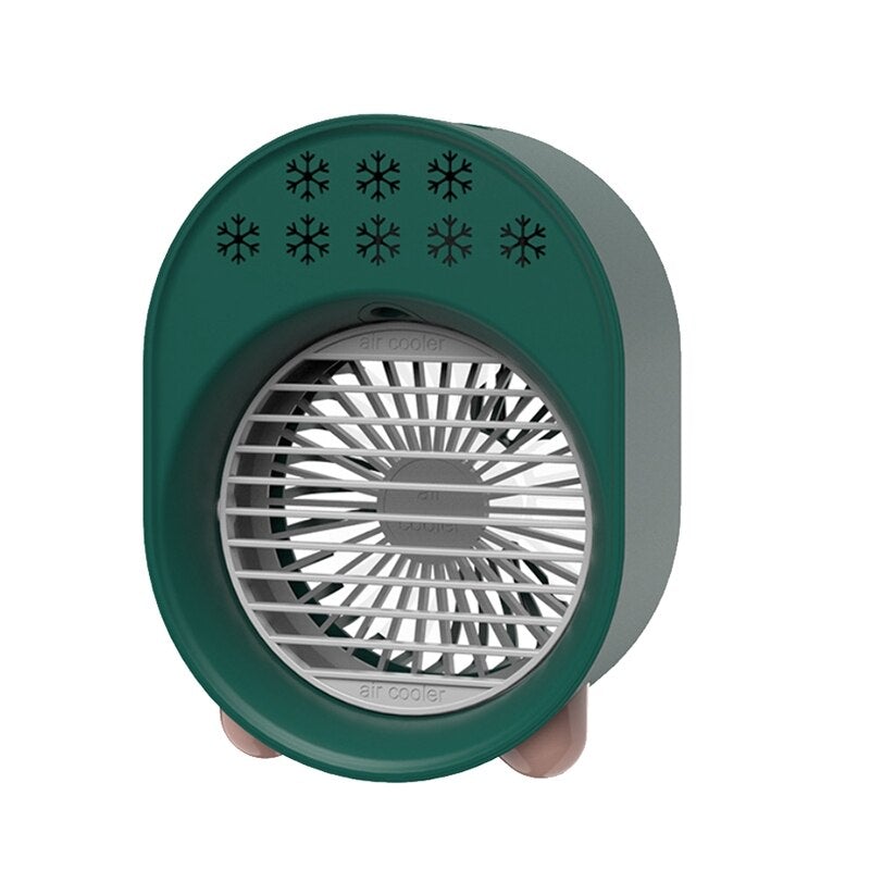 Compact USB Desk Mini Air Cooling Fan in pink, white, and green colors, showcasing its sleek design and LED light feature.