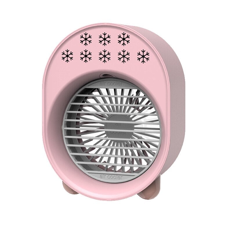 Compact USB Desk Mini Air Cooling Fan in pink, white, and green colors, showcasing its sleek design and LED light feature.