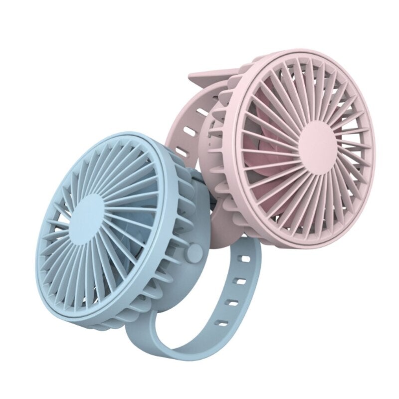 Creative Mini USB 3-Gear Adjustment Watch Fan in pink and black, showcasing its compact design and silicone strap.