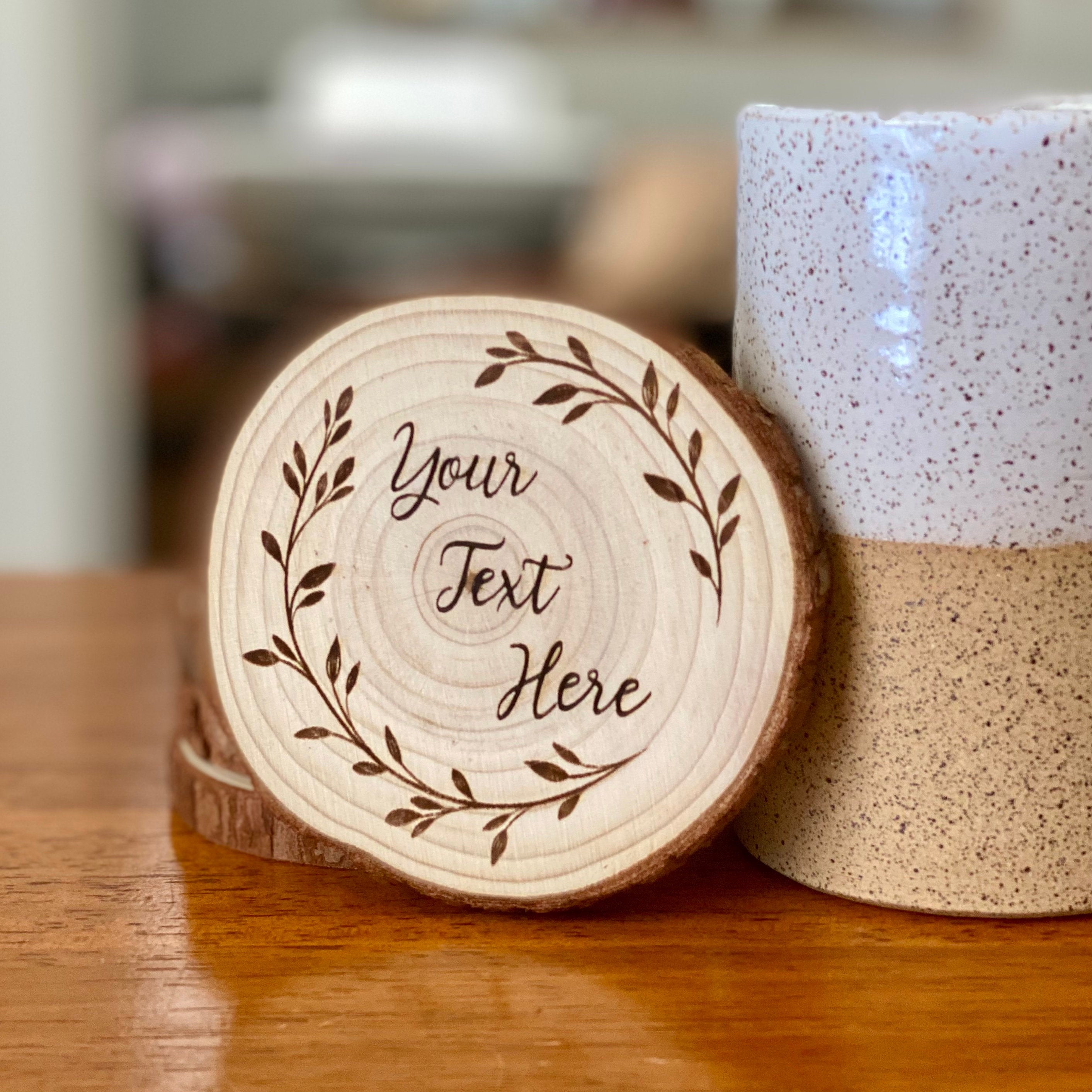 Custom Text Engraved Wood Coaster Set made from Californian Pine, showcasing rustic design and personalized engraving.