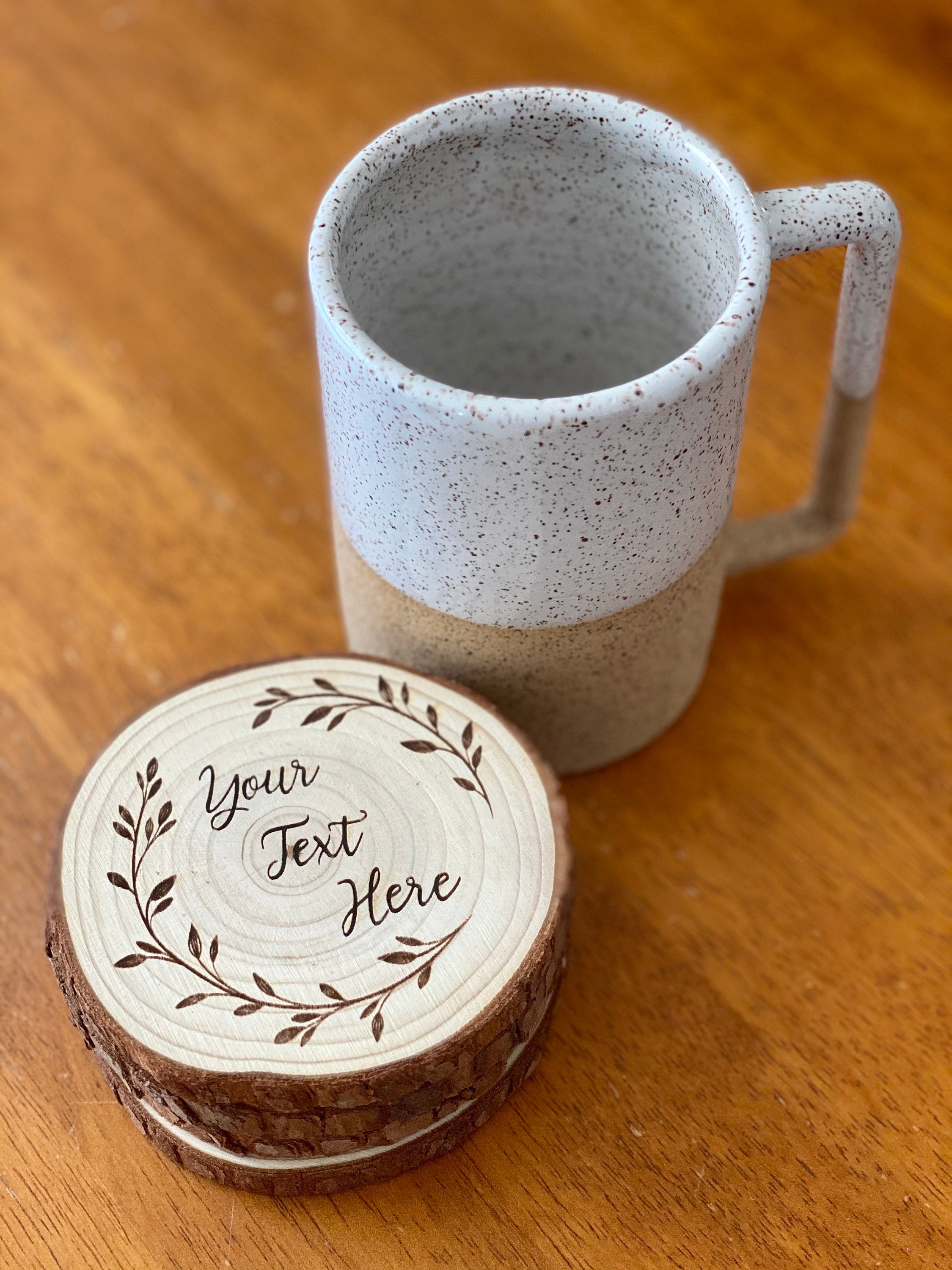 Custom Text Engraved Wood Coaster Set made from Californian Pine, showcasing rustic design and personalized engraving.